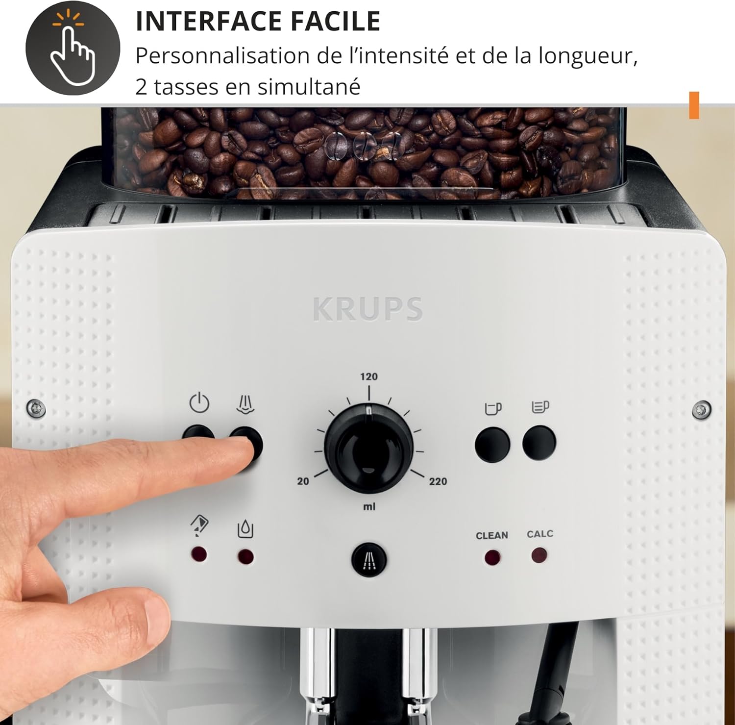 Machine café grains expresso 2 tasses nettoyage auto buse vapeur cappuccino Essential blanche