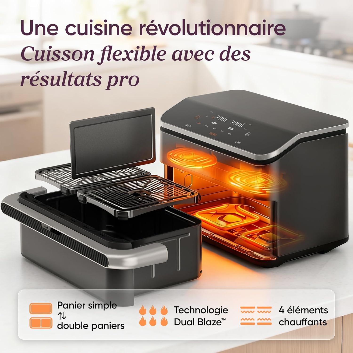 Air fryer 10 L double résistance dual zone séparateur amovible 40 à 240 degrés