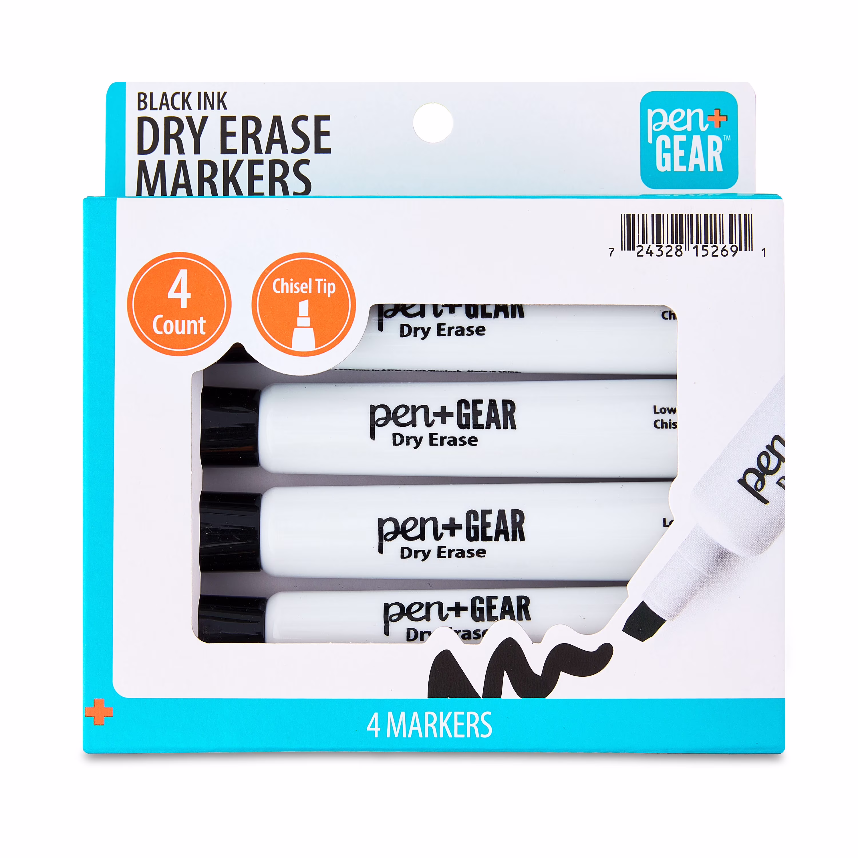 Pen+Gear Dry Erase Markers, Black, Chisel Tip, 4 Count