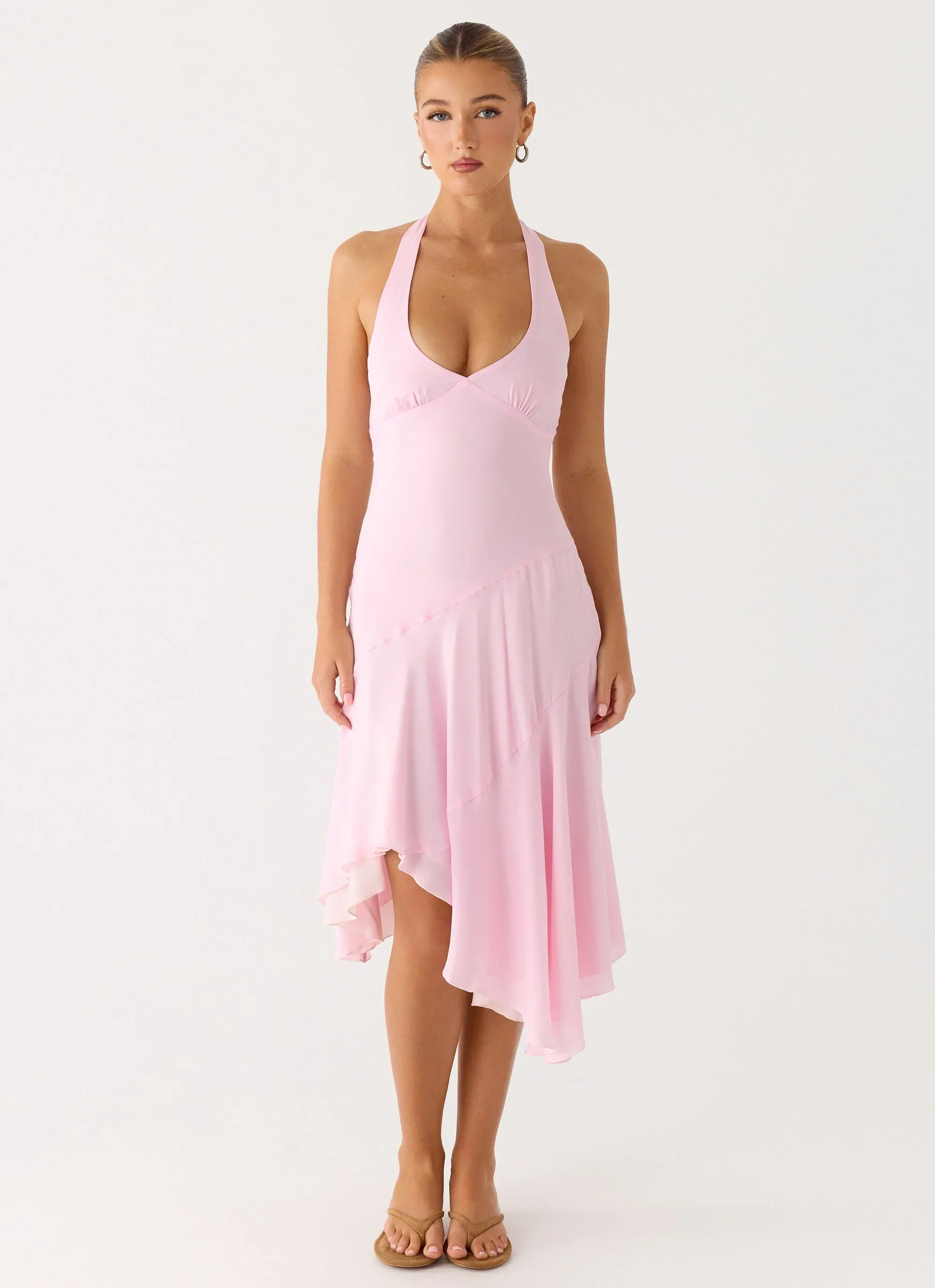 Faelie Halter Neck Asymmetrical Midi Dress - Pink