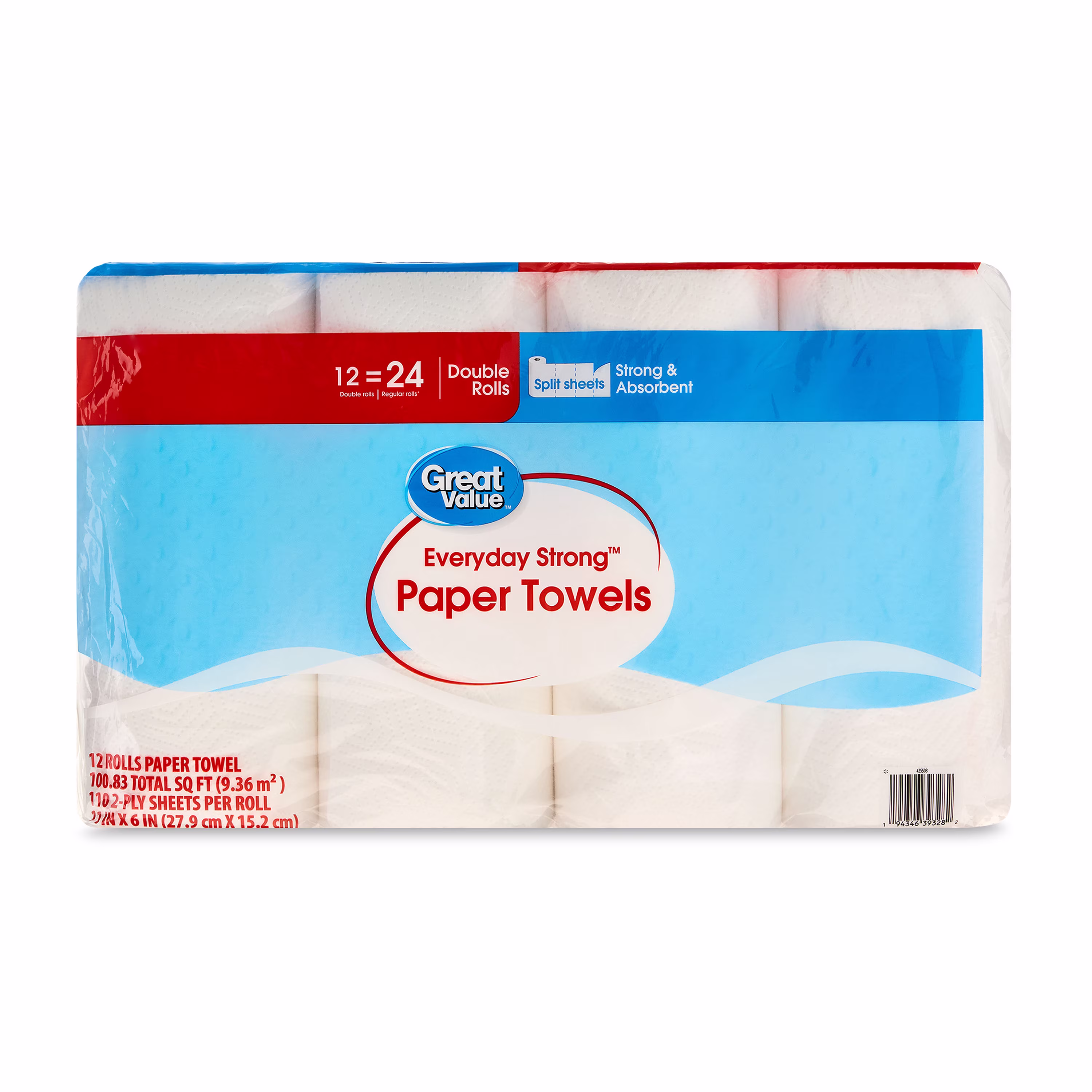 Great Value Everyday Strong Paper Towels, 2 Double Rolls