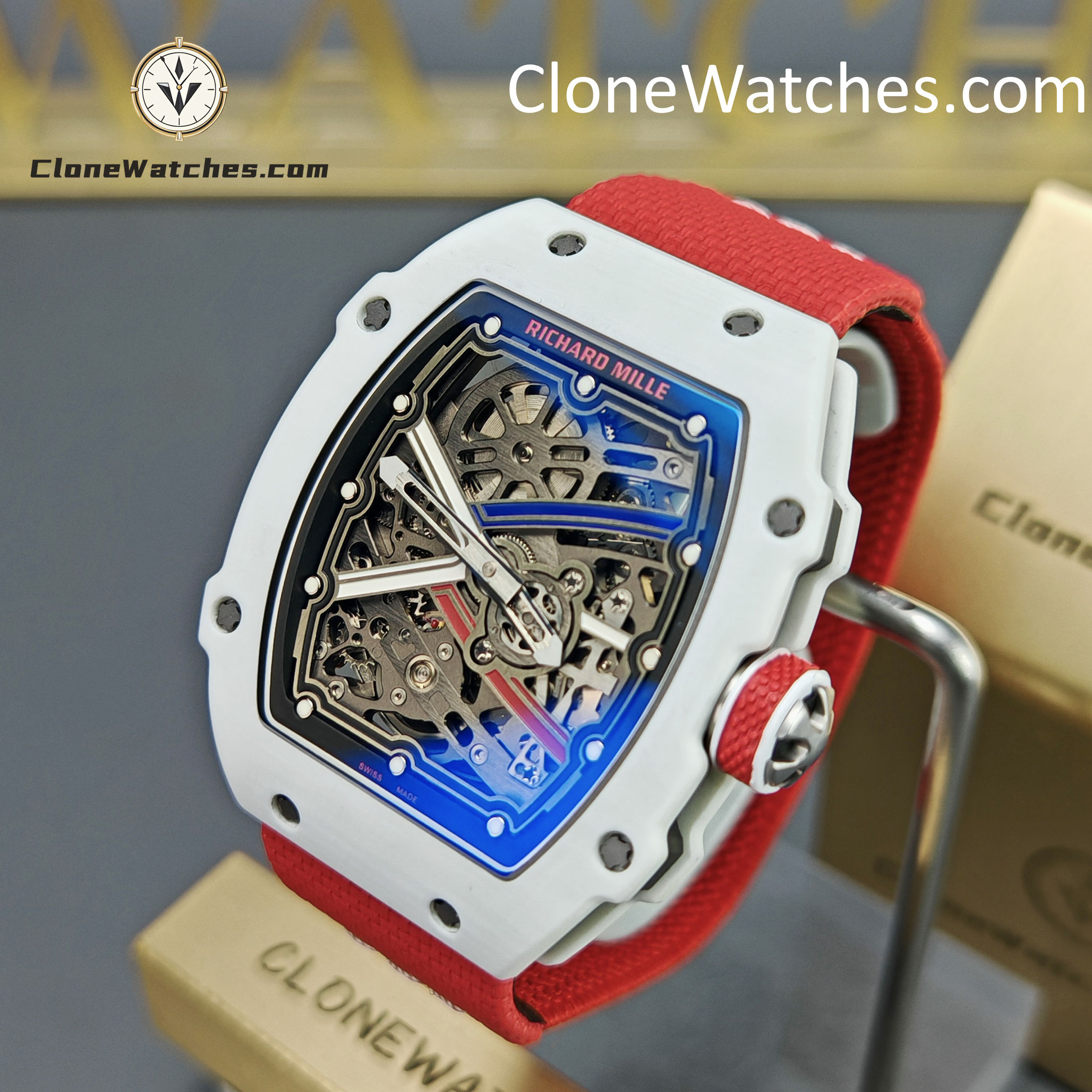 Richard Mille Super Clone Watches 1:1 RM 67 – 02 White Carbon Tourbillon Red Strap