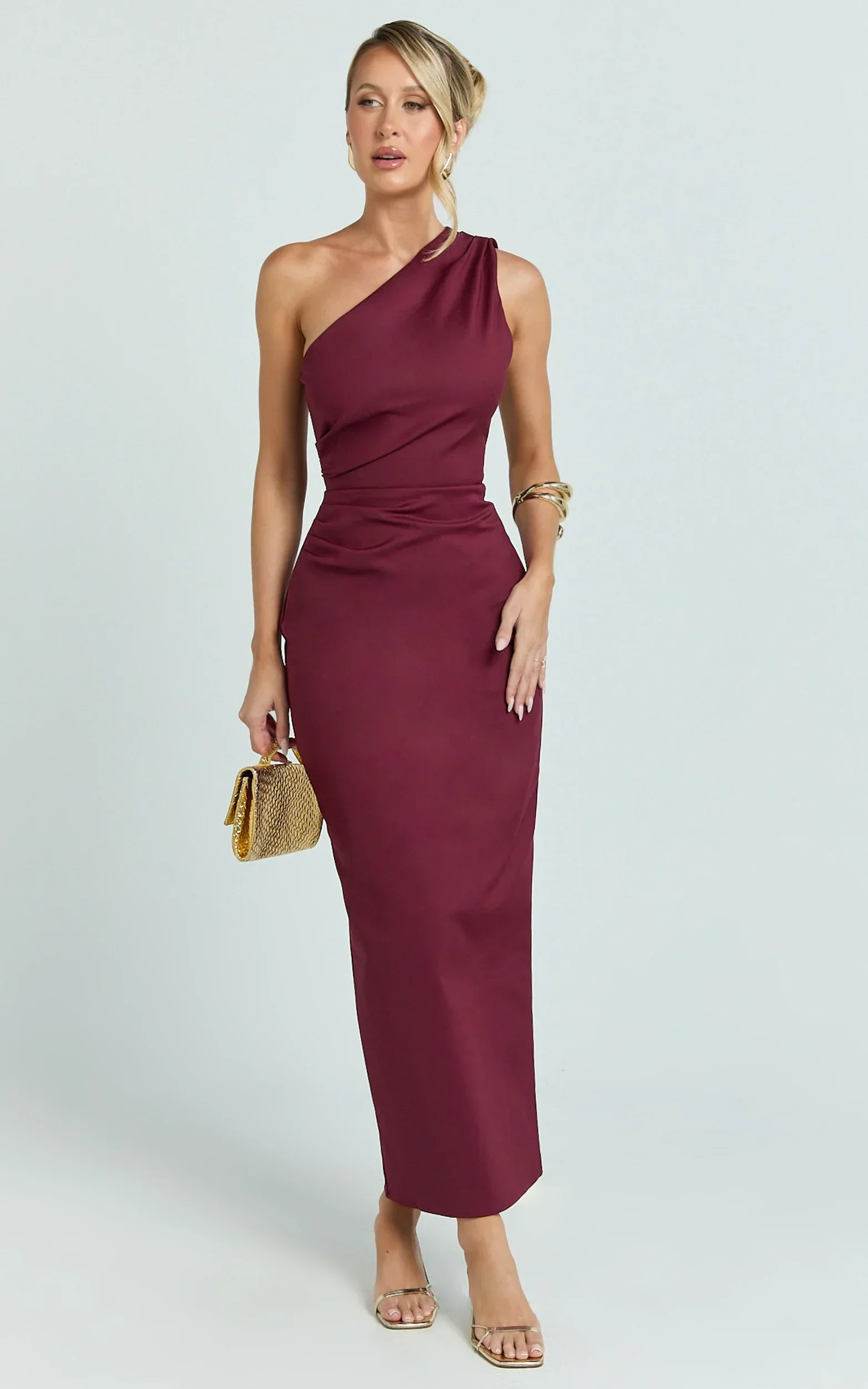 Karlie Midi Dress - One Shoulder Fitted Dress in Wine