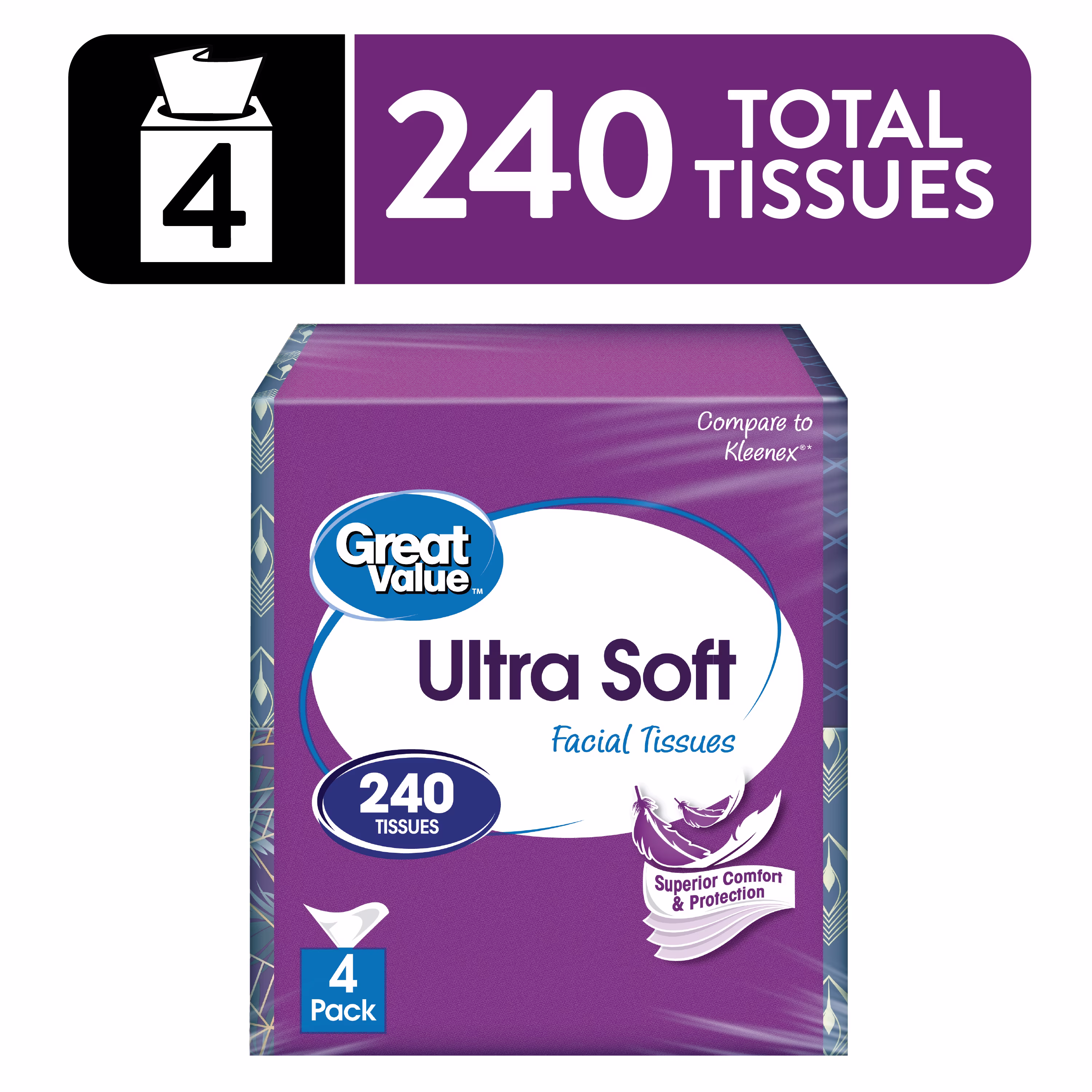 Great Value Ultra Soft Facial Tissues, 1 Cube, 60 Tissues, 3-Ply, Compare to Kleenex®