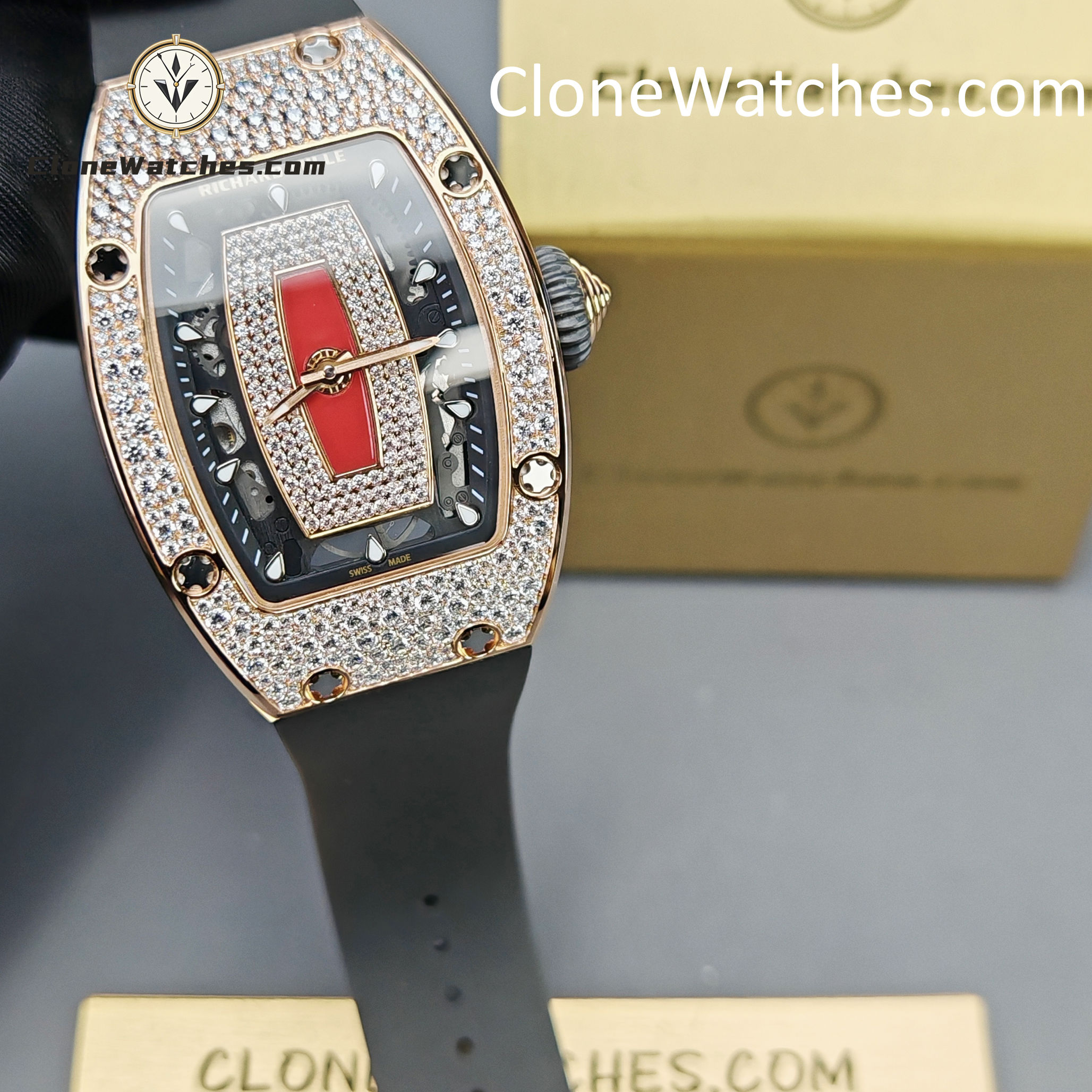 Richard Mille Super clone watches 1:1 RM 07-01Rose Gold Diamond dial Black strap
