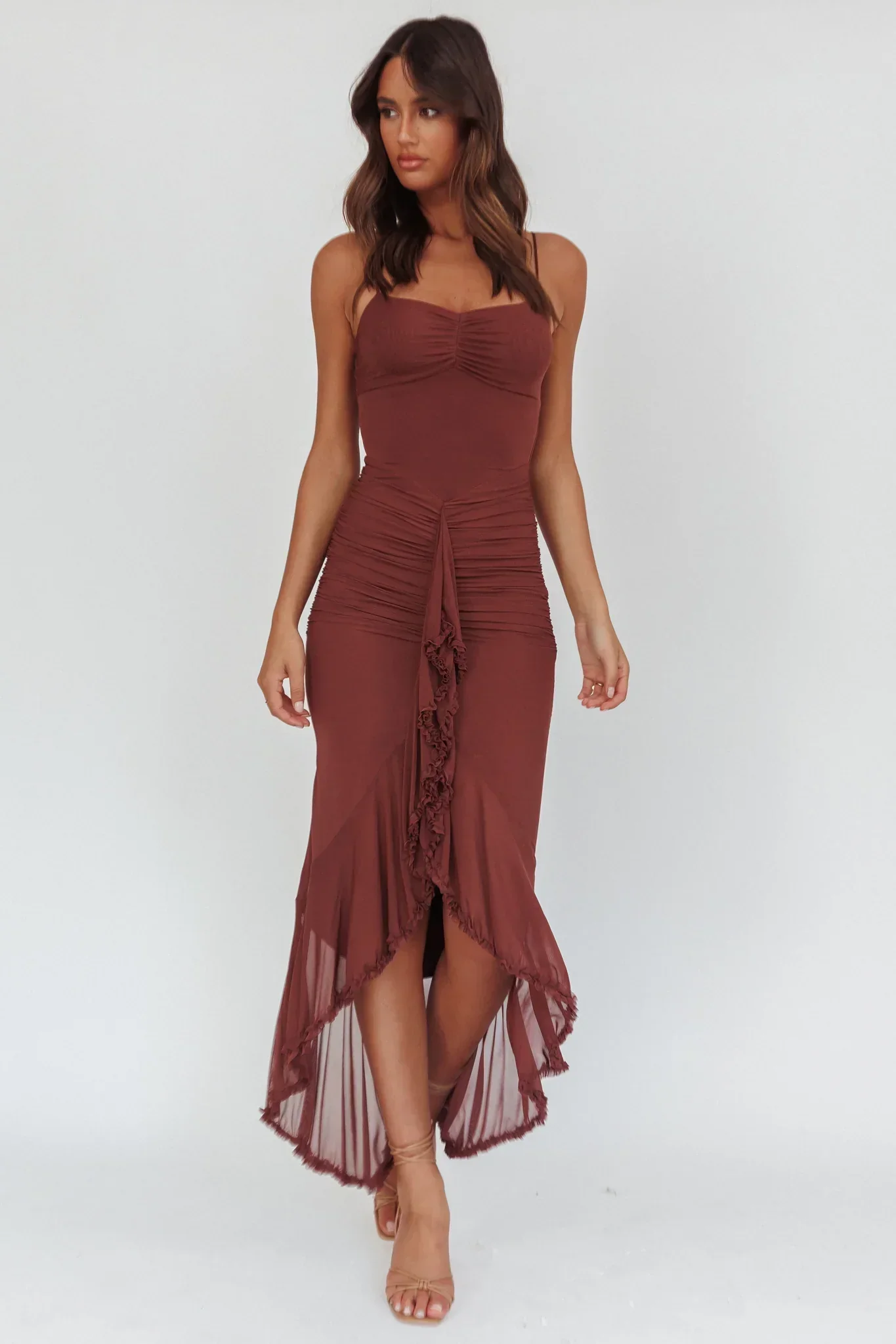 Kamilah Gathered Cascading Ruffle Midi Dress Maroon