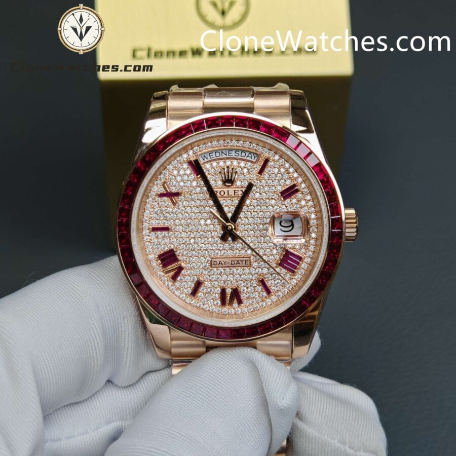 Modified Super Clone Watches 1:1 Rolex Rose Gold Day Date Rainbow Circle 3255 Movement
