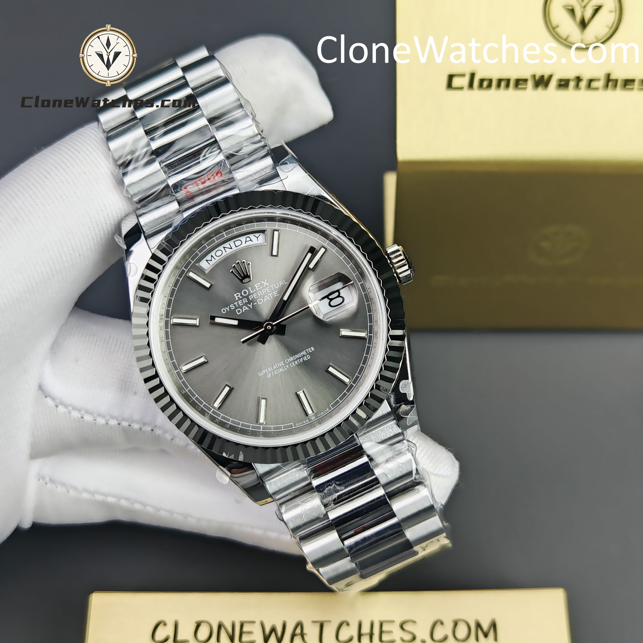 Rolex Super Clone Watches 1:1 Day Date Grey Dial 40mm m228239-0060 Presidential Bracelet