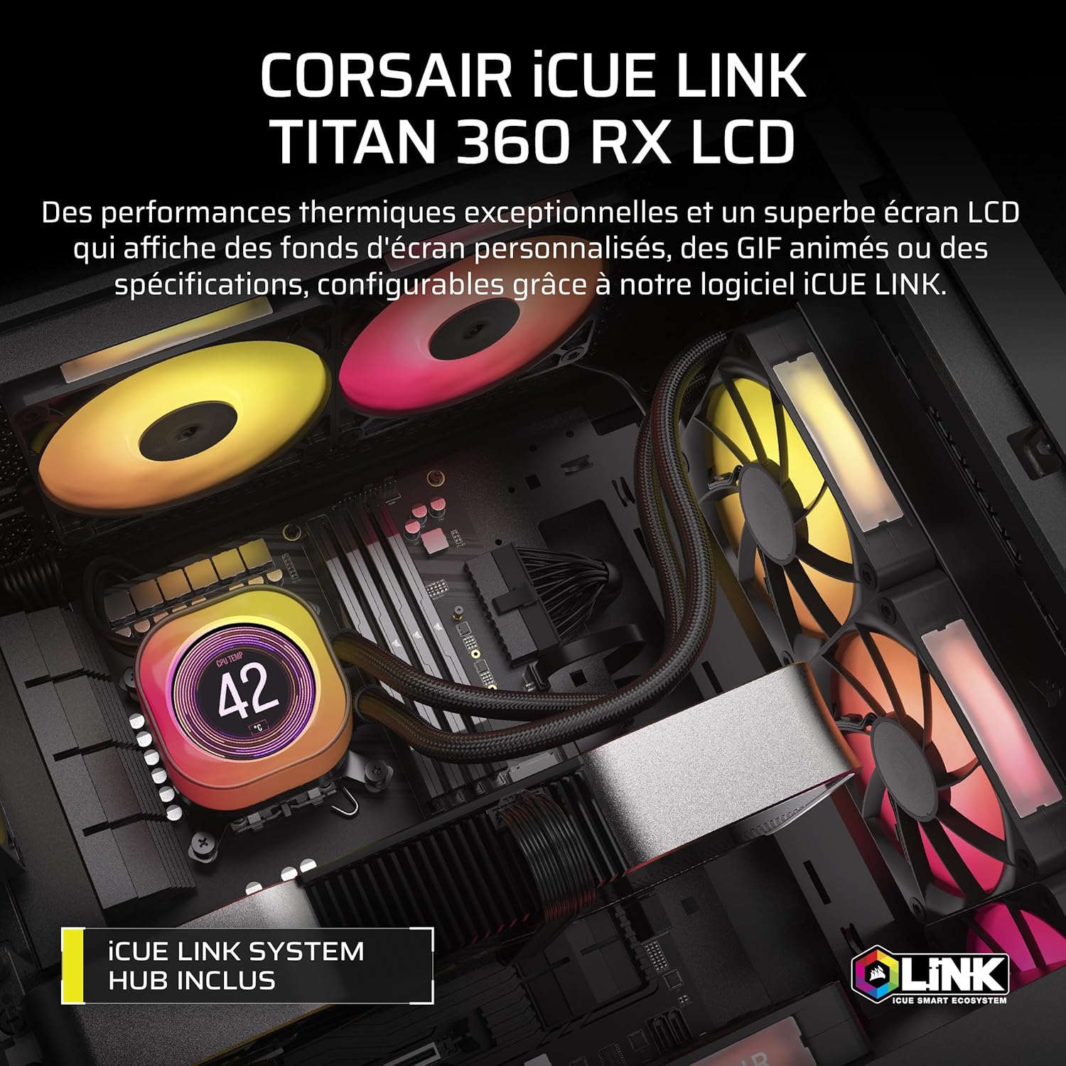 Refroidisseur liquide CPU écran LCD 3 ventilateurs RGB noir