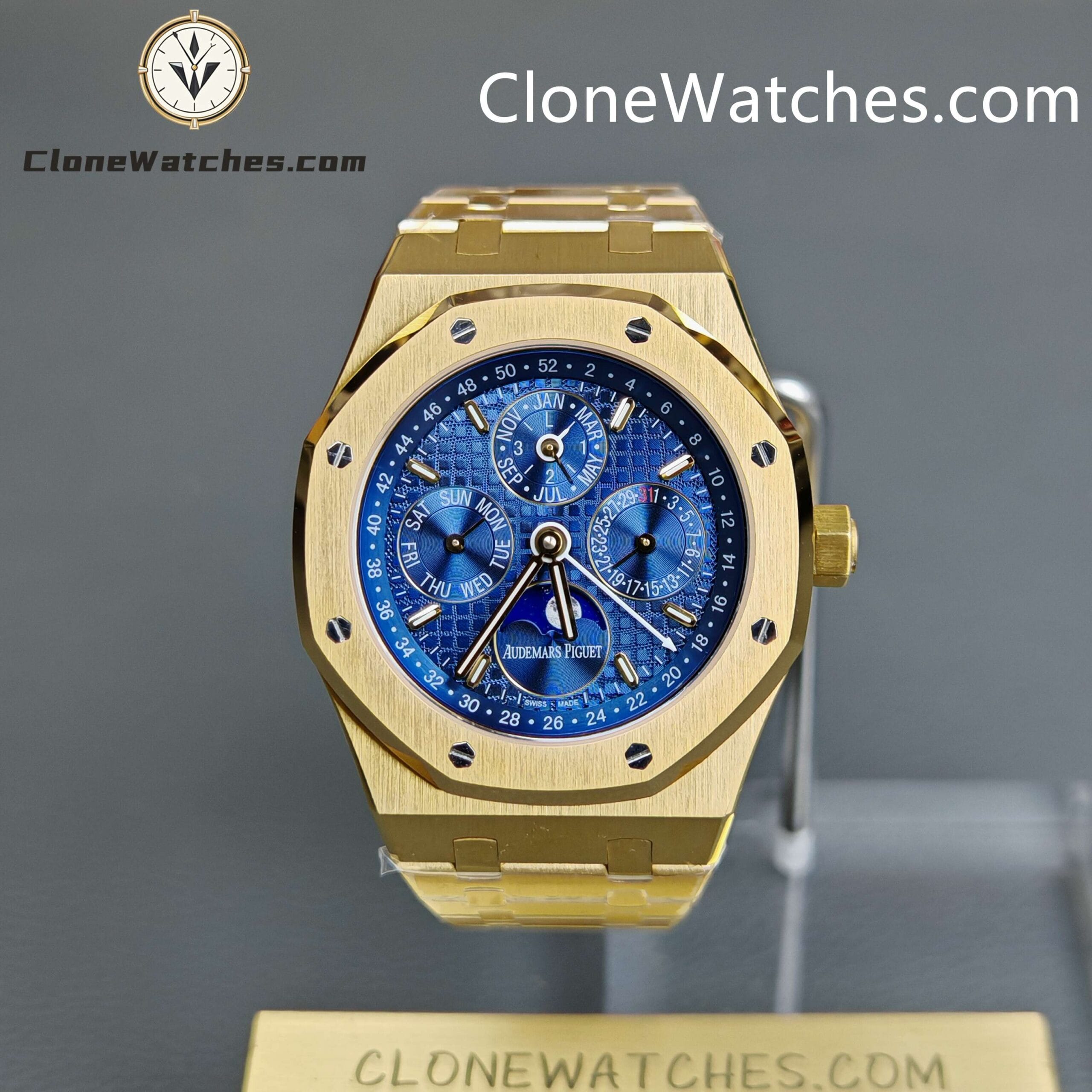 Audemars Piguet Super Clone Watches 1:1 Royal Oak Perpetual Calendar 18K Gold Plated Blue Dial 26574BA 41MM