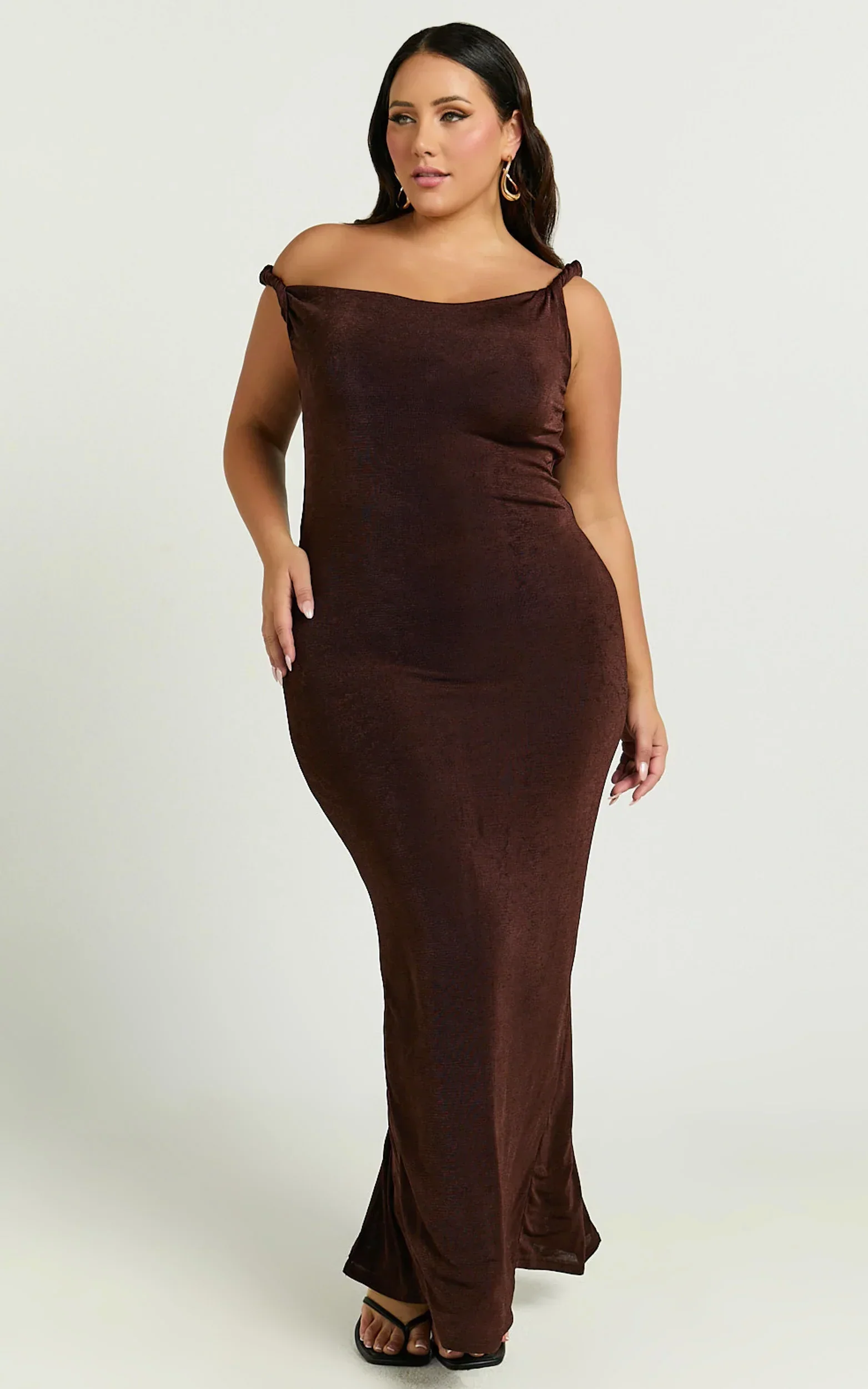 Isabel Midi Dress - Twist Off Shoulder Bodycon Dress in Chocolate