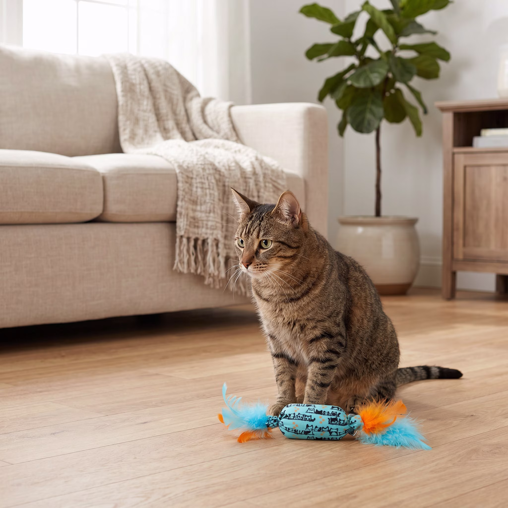 Vibrant Life Blue Candy-Shaped Catnip Cat Toy with Feathers