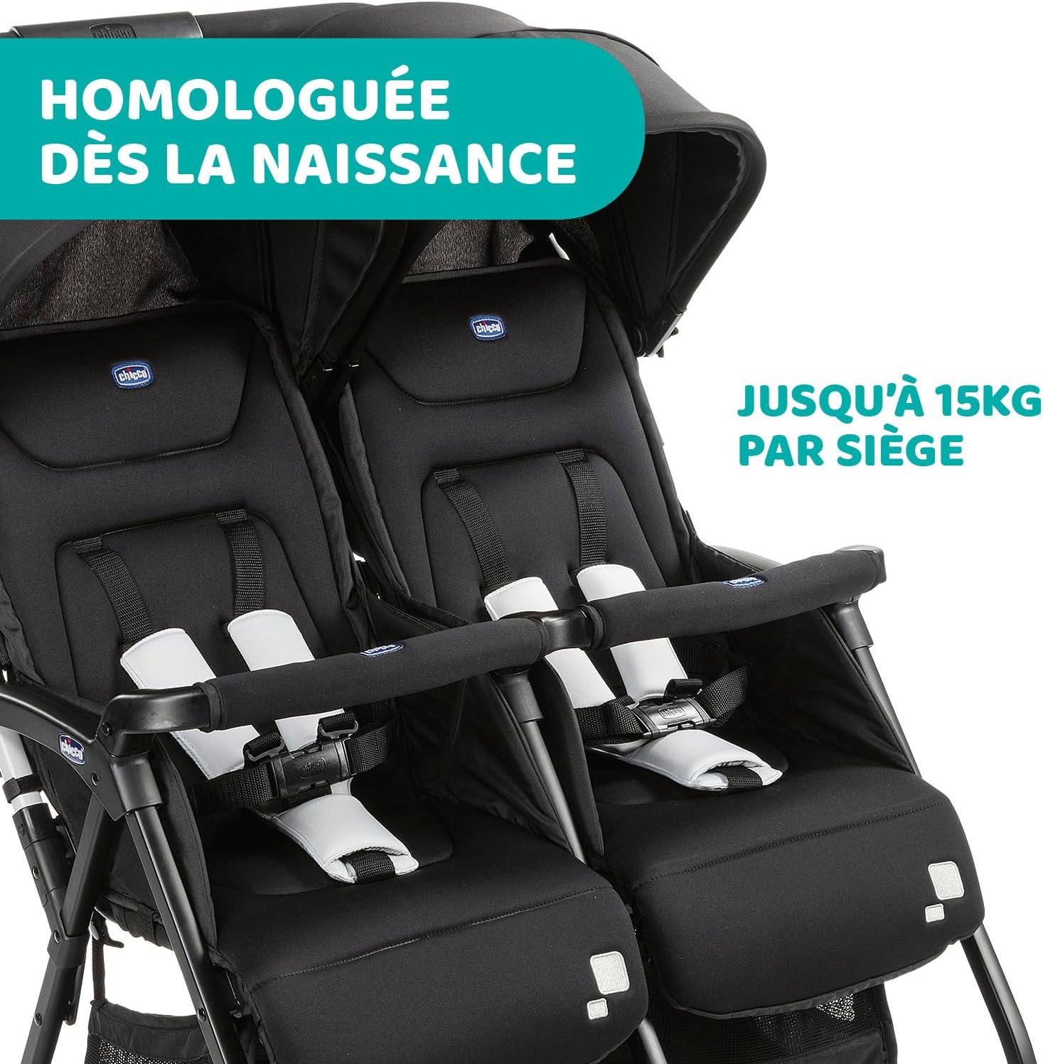 Poussette double tandem Ohlalà inclinable pliable jumeaux jusqu’à 15kg capote extensible noir