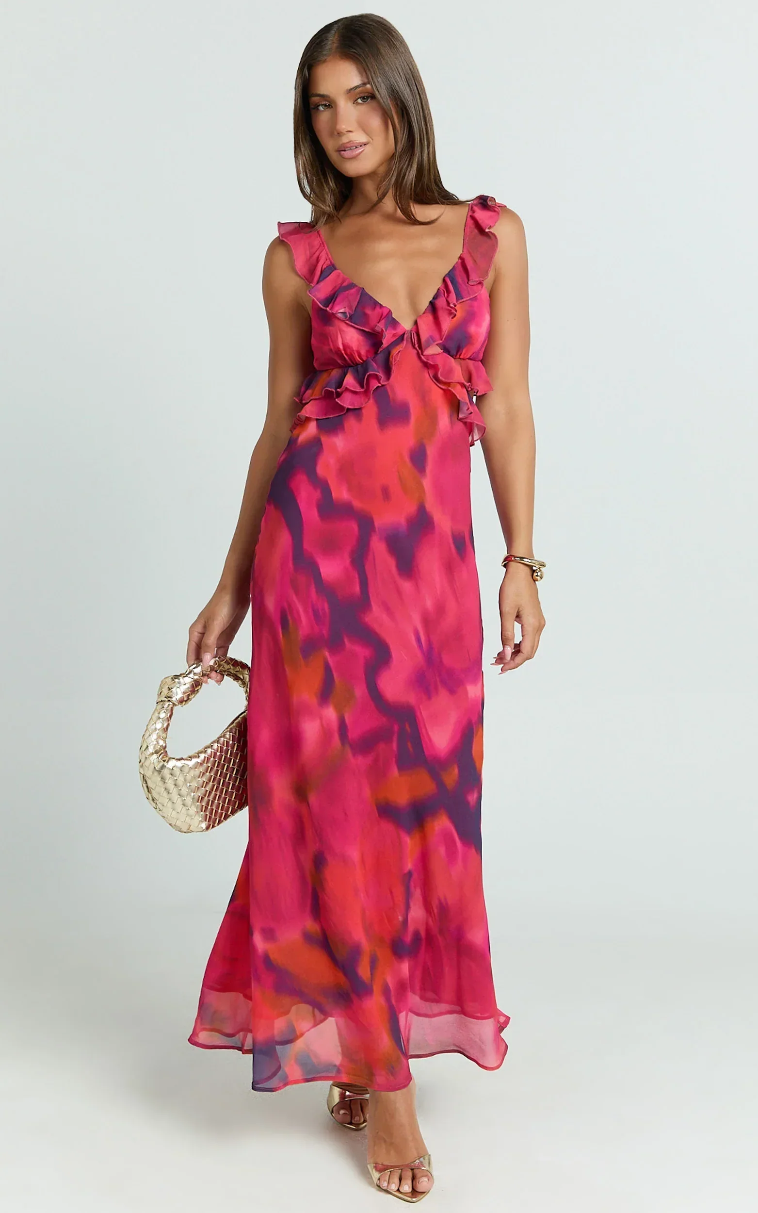 Alessa Maxi Dress - V Neck Frill Detail Empire Waist Back Cut Out Dress in Adeana Print