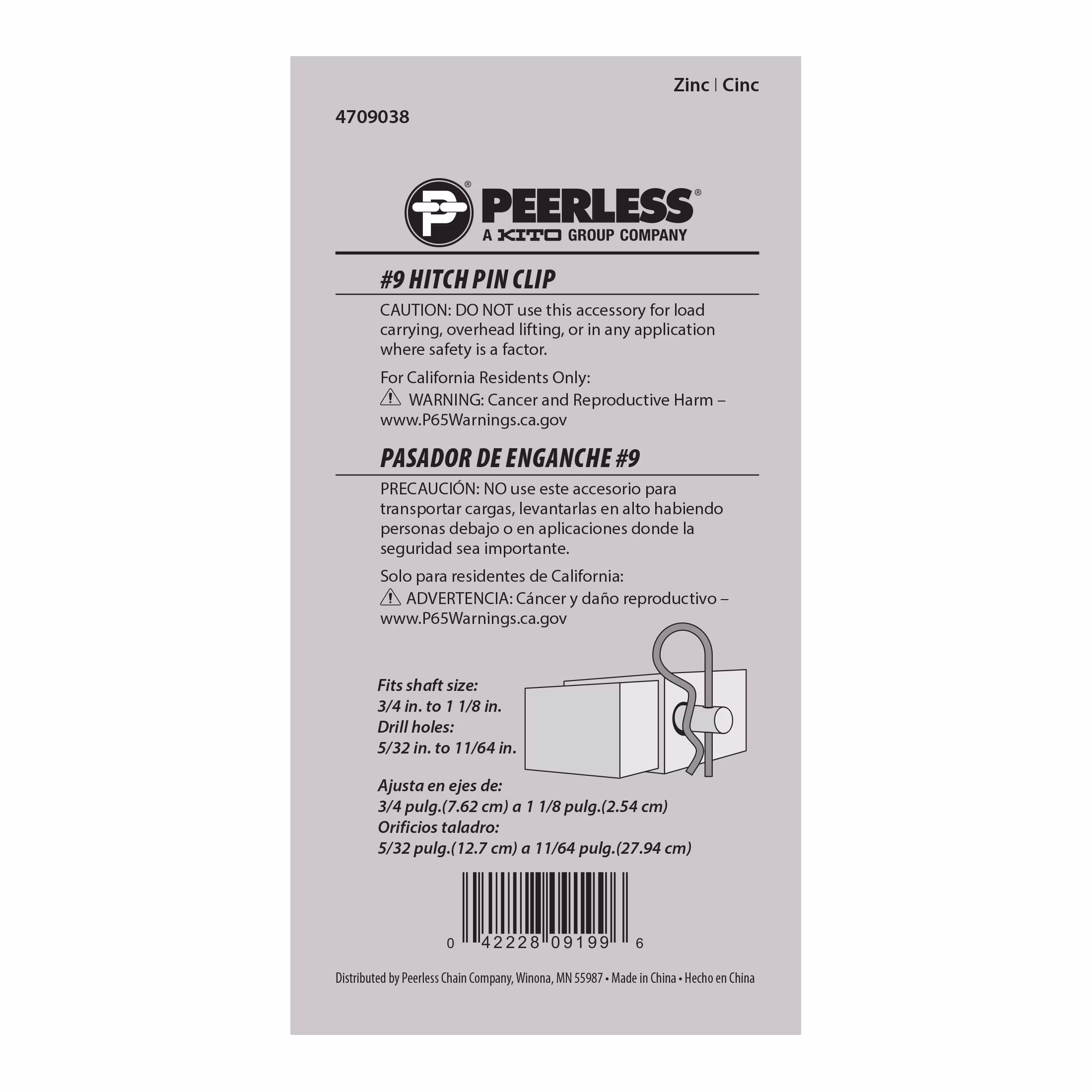 #9 Hitch Pin Clips, 2 Pack, Zinc, Steel, Peerless Chain Company, #4709038