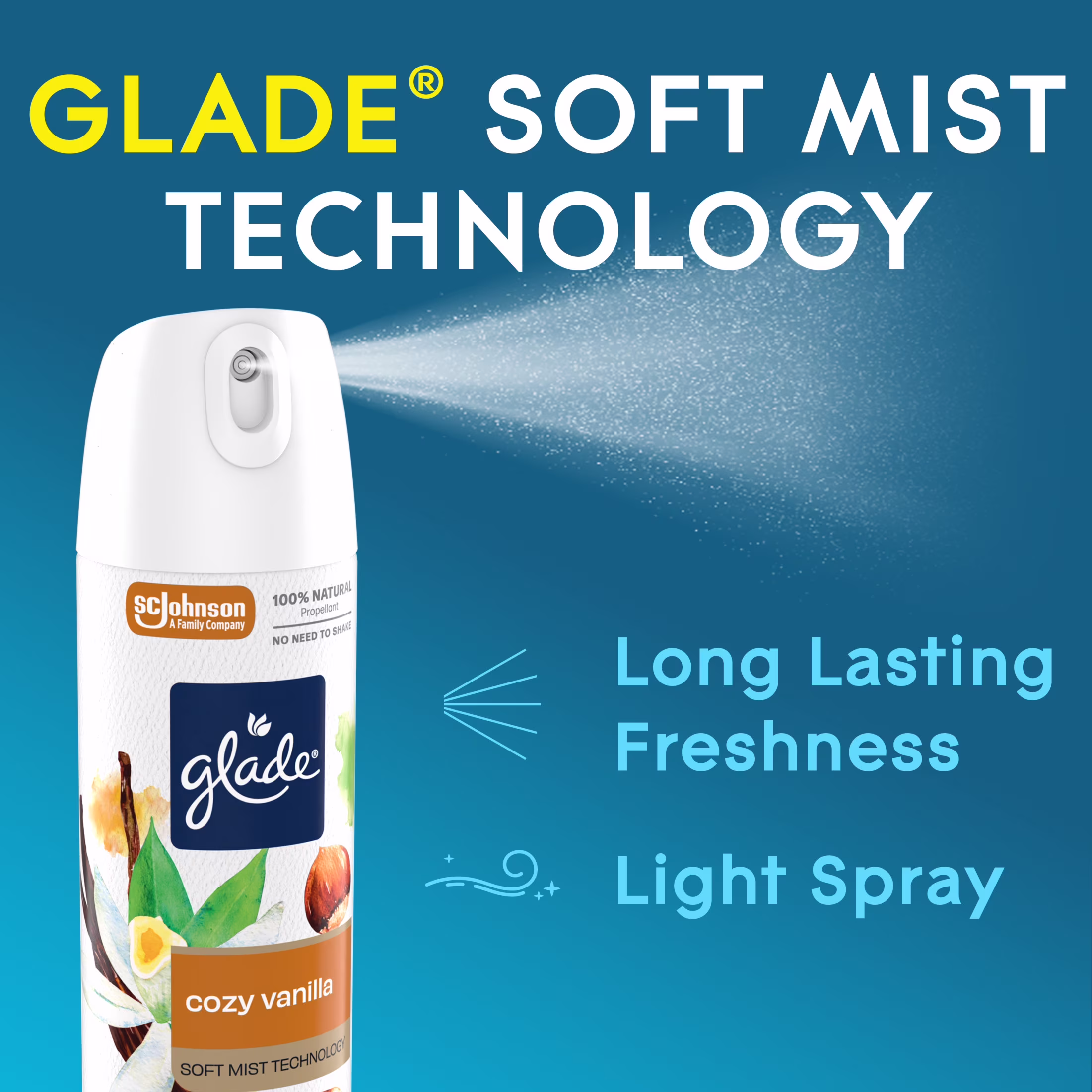 Glade® Soft Mist Odor Fighting Aerosol Air Freshener, Cozy Vanilla, 7.3oz, 1 Count