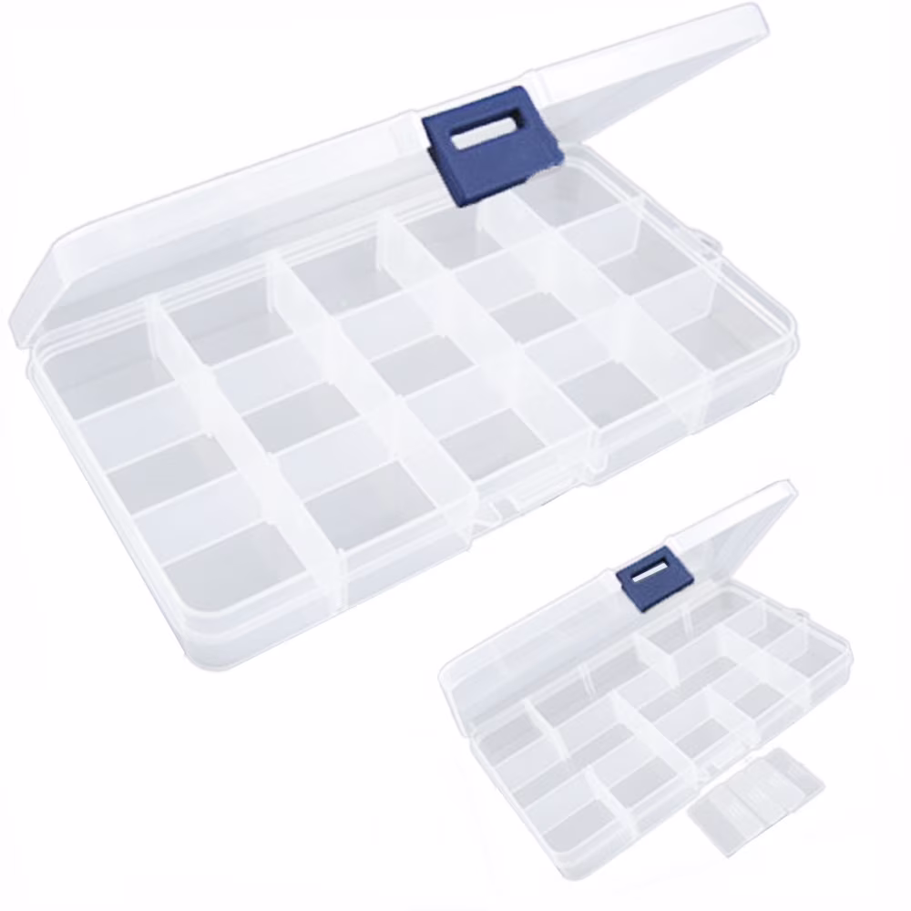 Taotanxi Fake Nail Storage Box, 15-Grid Rhinestone Organizer Case with Divider, Clear Plastic Empty Container for Art Craft Sewing Screw Rock Collection Fishing Tackle, Bead Jewelry Display Holder
