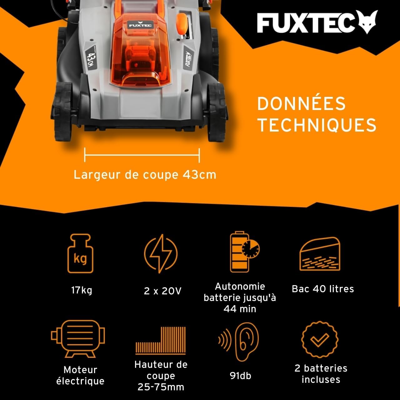 Tondeuse gazon sans fil 40 V 43 cm 40 L hauteur réglable avec batteries et chargeur