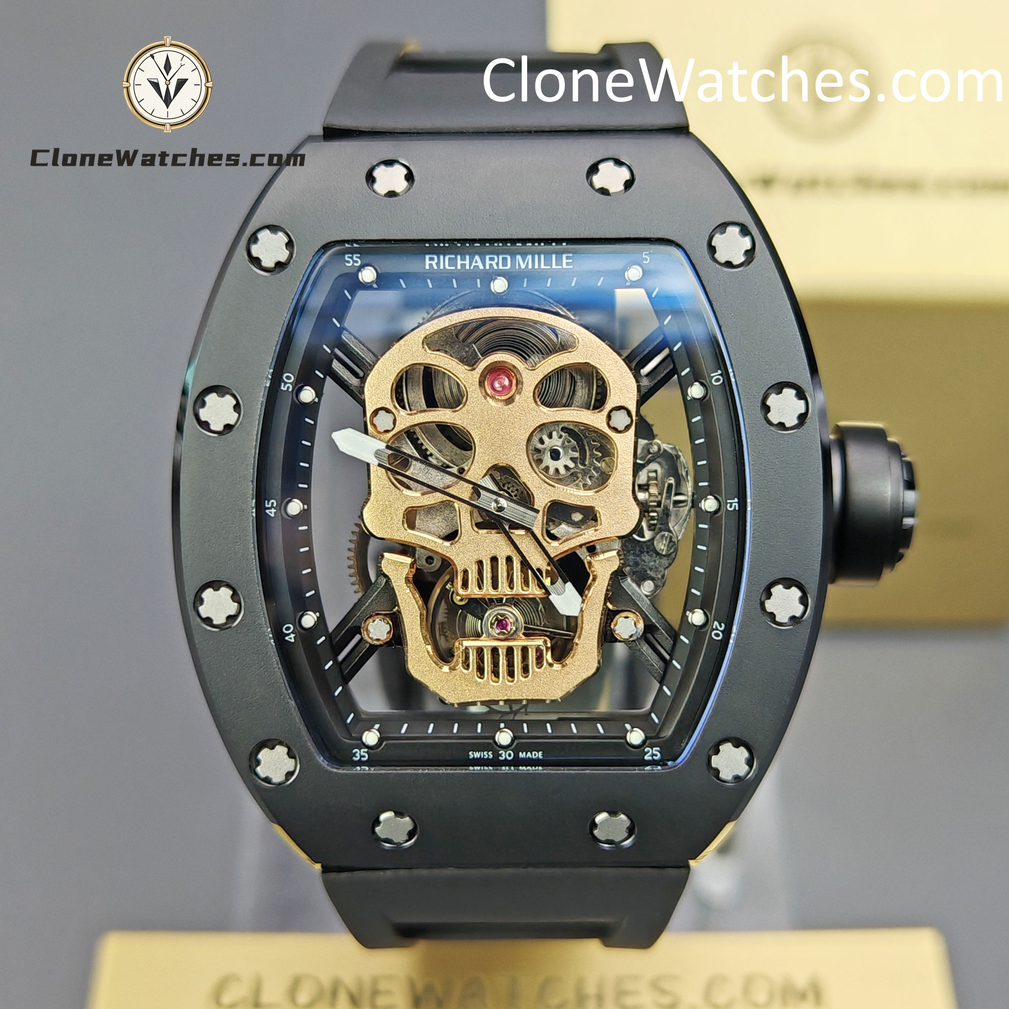 Richard Mille Super Clone Watches 1:1 RM 052 Tourbillon Skull Rose Gold Black Strap