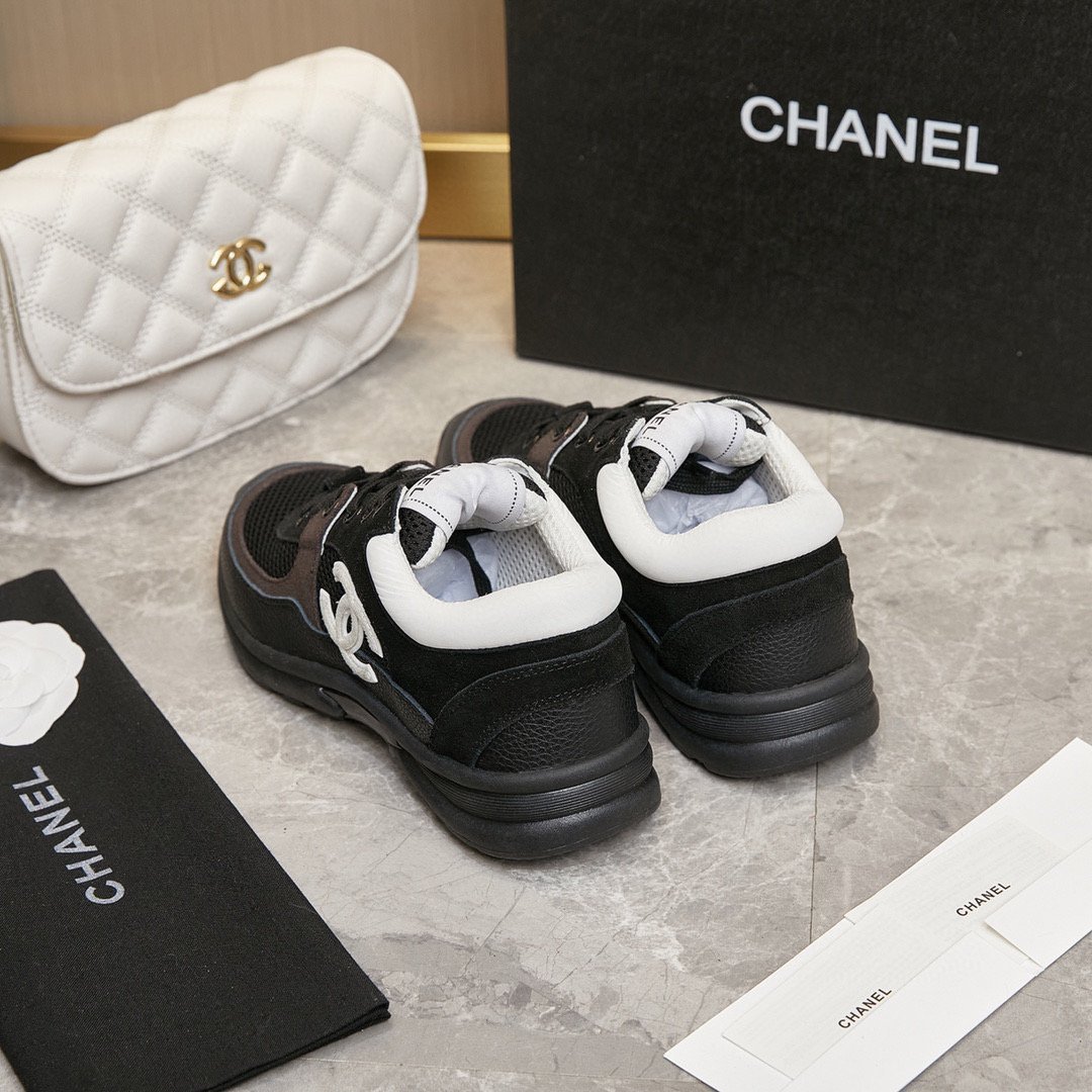 Chanel CC Logo Suede Leather Sneaker Black White Shoe
