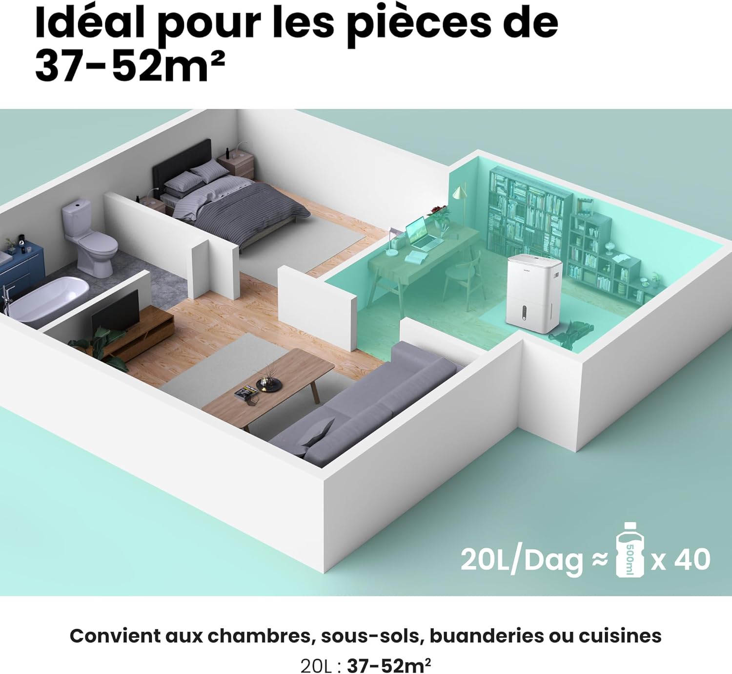 Déshumidificateur 20 L jour connecté réservoir 3 L mode sèche linge