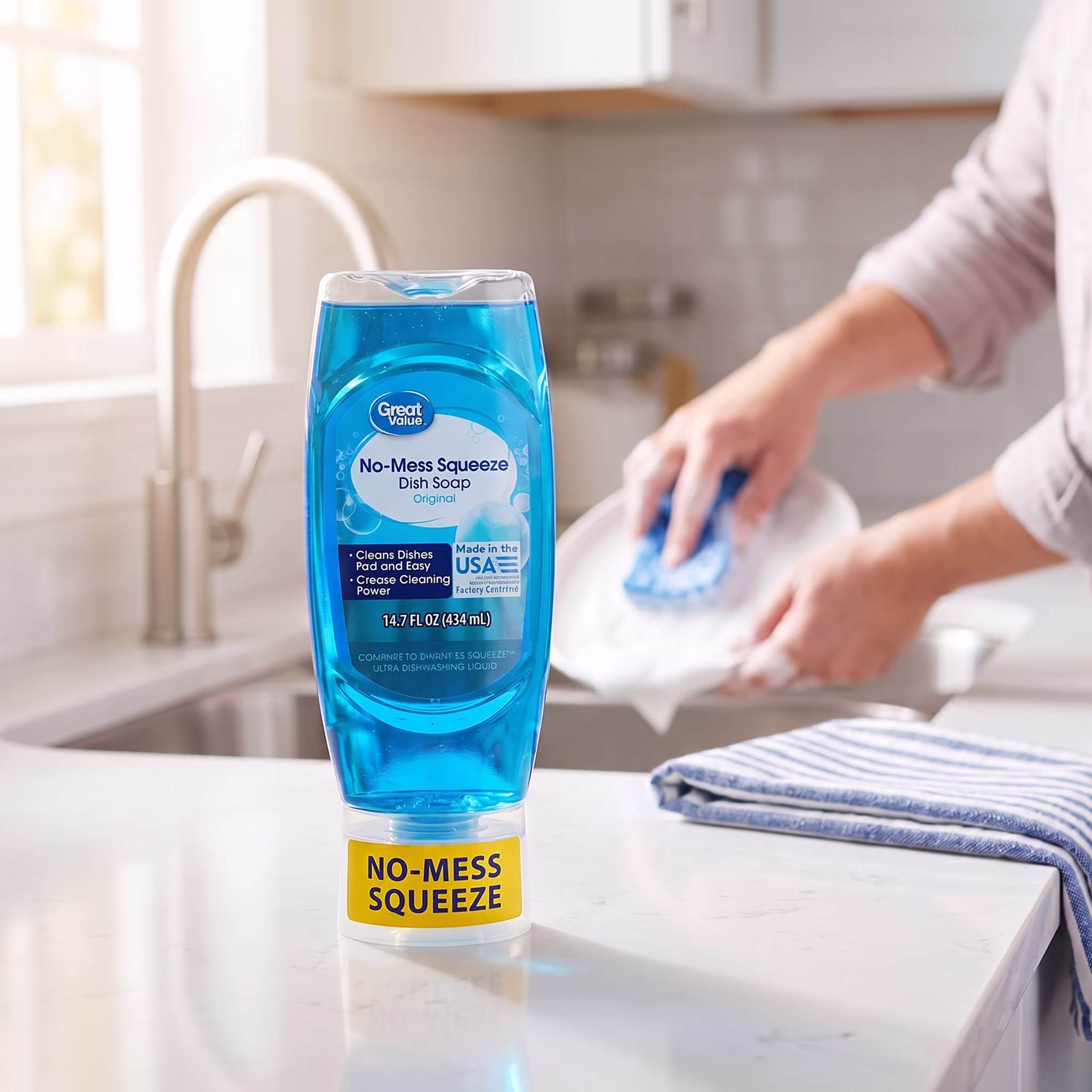 Great Value No-Mess Squeeze Dish Soap Liquid, Original Scent, 14.7 fl oz