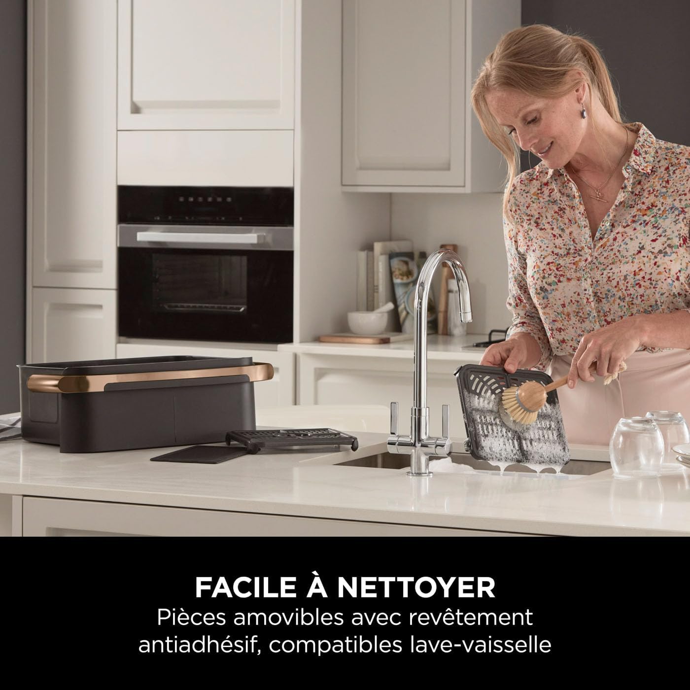 Friteuse air chaud Foodi FlexDrawer 104 L dual zone séparateur amovible 7 en 1 pièces antiadhésives lavables noir cuivre AF500EUCP