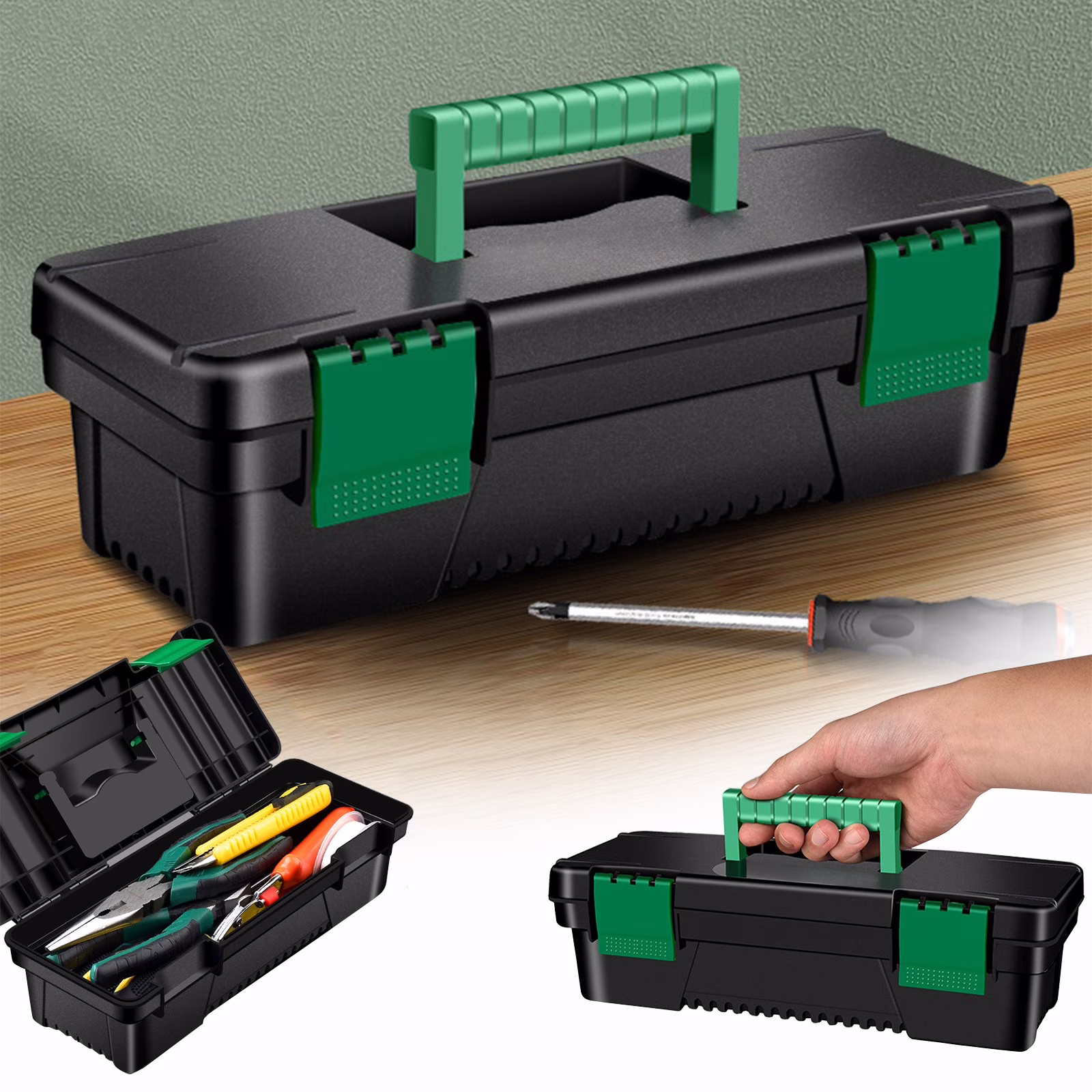 Double Layer Plastic Tool Box with Handle - Removable Tray Double Lock Secured, Heavy Duty Home Hardware Storage Case for Small Tools Nails Screws & Garage Organization Use, 10*5*4in, Yellow