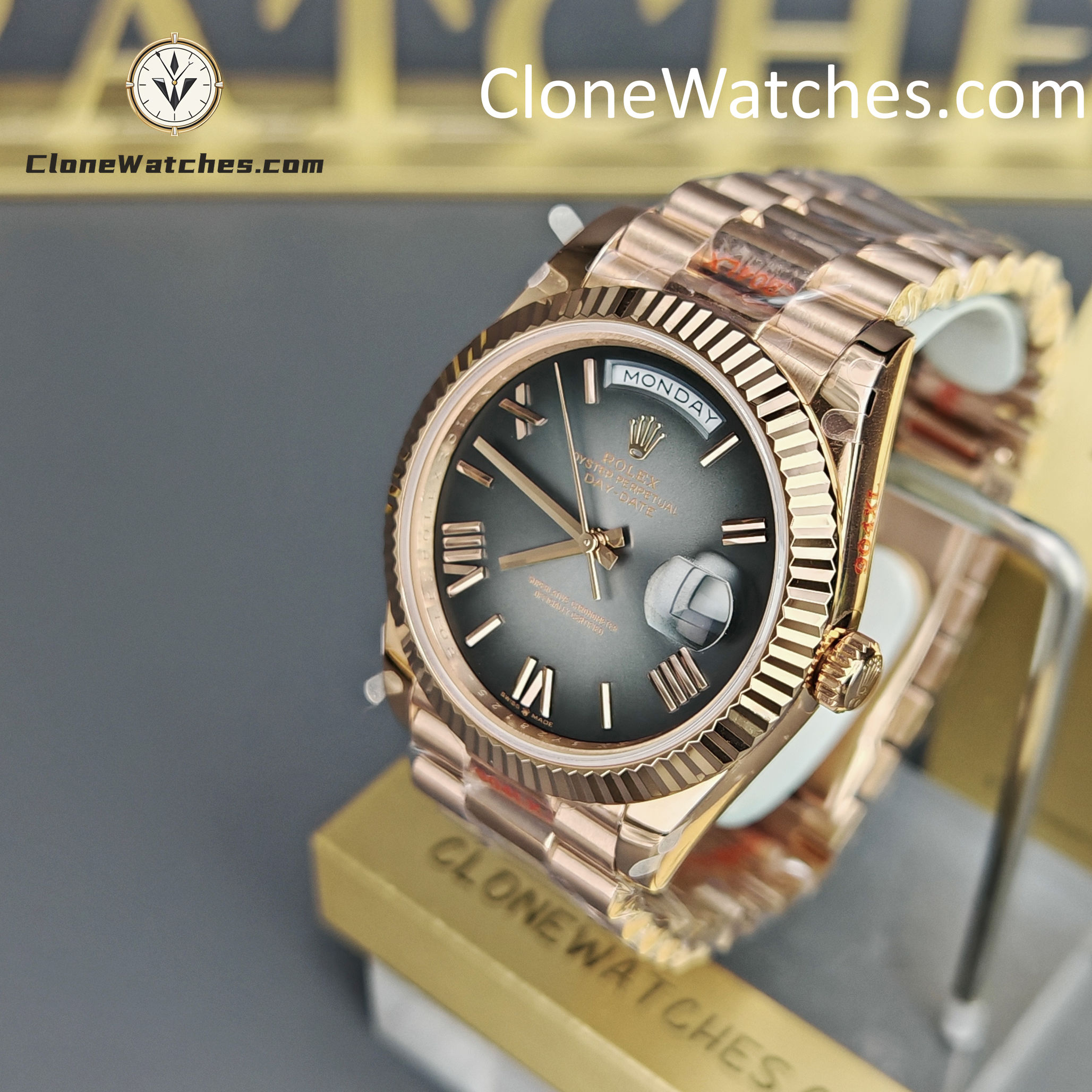 Rolex Super Clone Watches 1:1 Day Date 18K Rose Gold Grey Roman Dial 40mm m228235-0055 3255 Movement