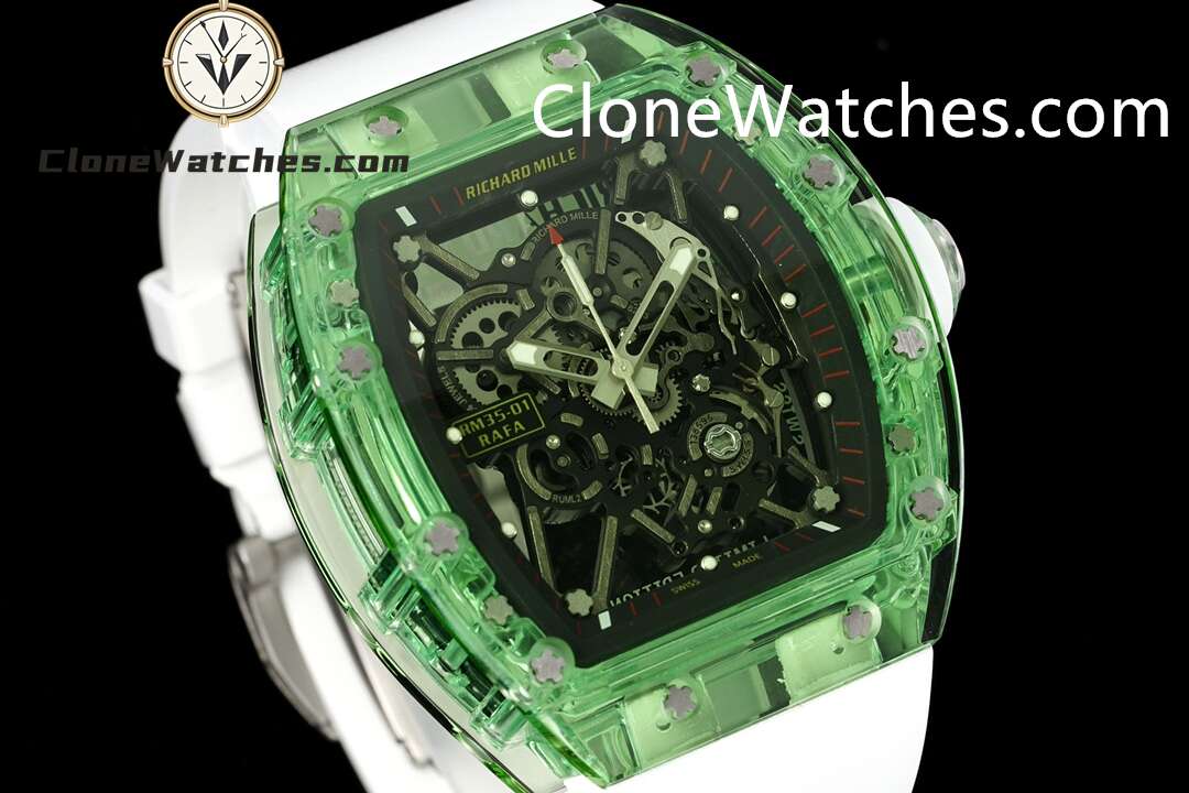 Richard Mille Super Clone Watches 1:1 RM 035 Green Crystal Tourbillon White Strap