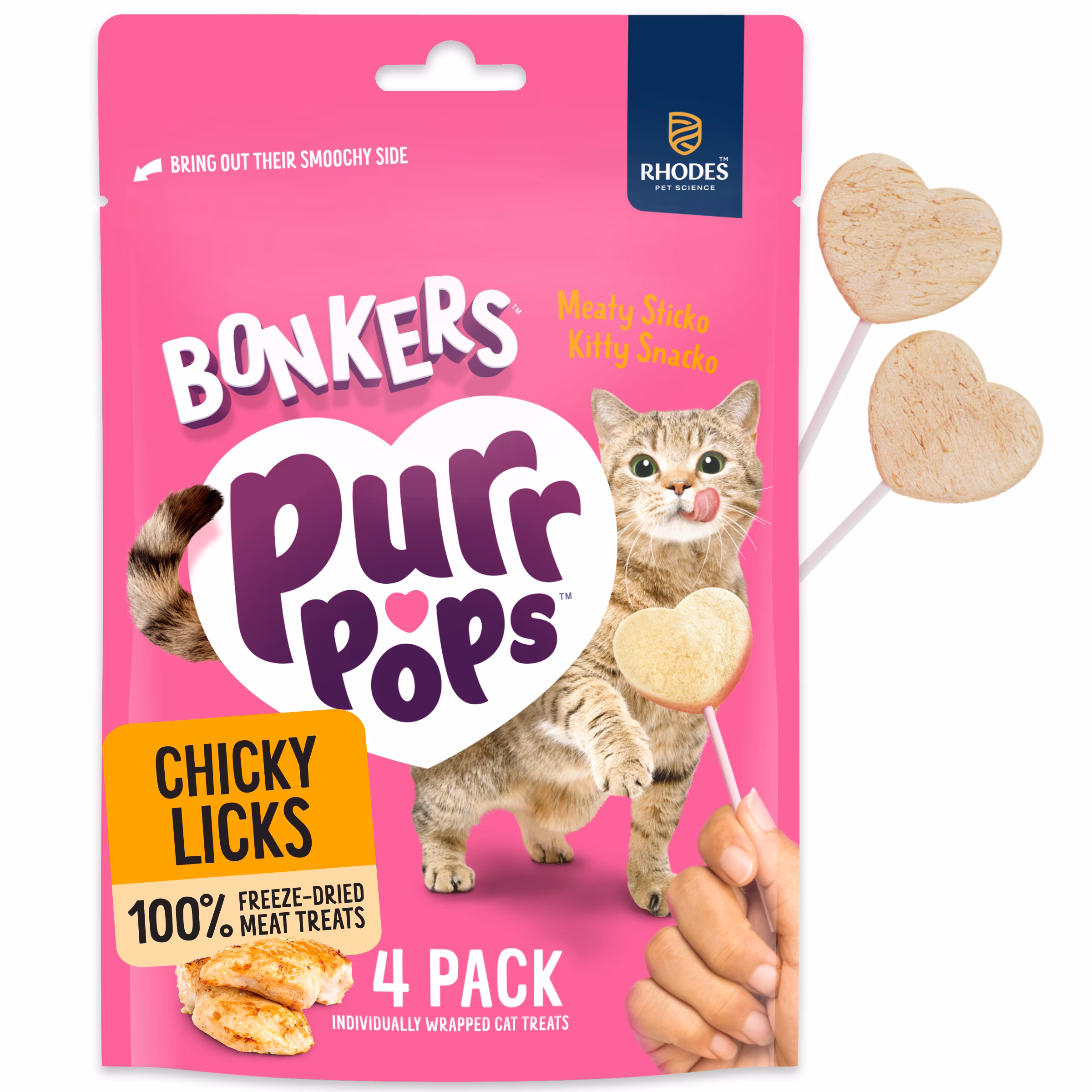 BONKERS Purrpops, Freeze Dried Chicken Flavored Lollipop Cat Treats, 4 Pieces