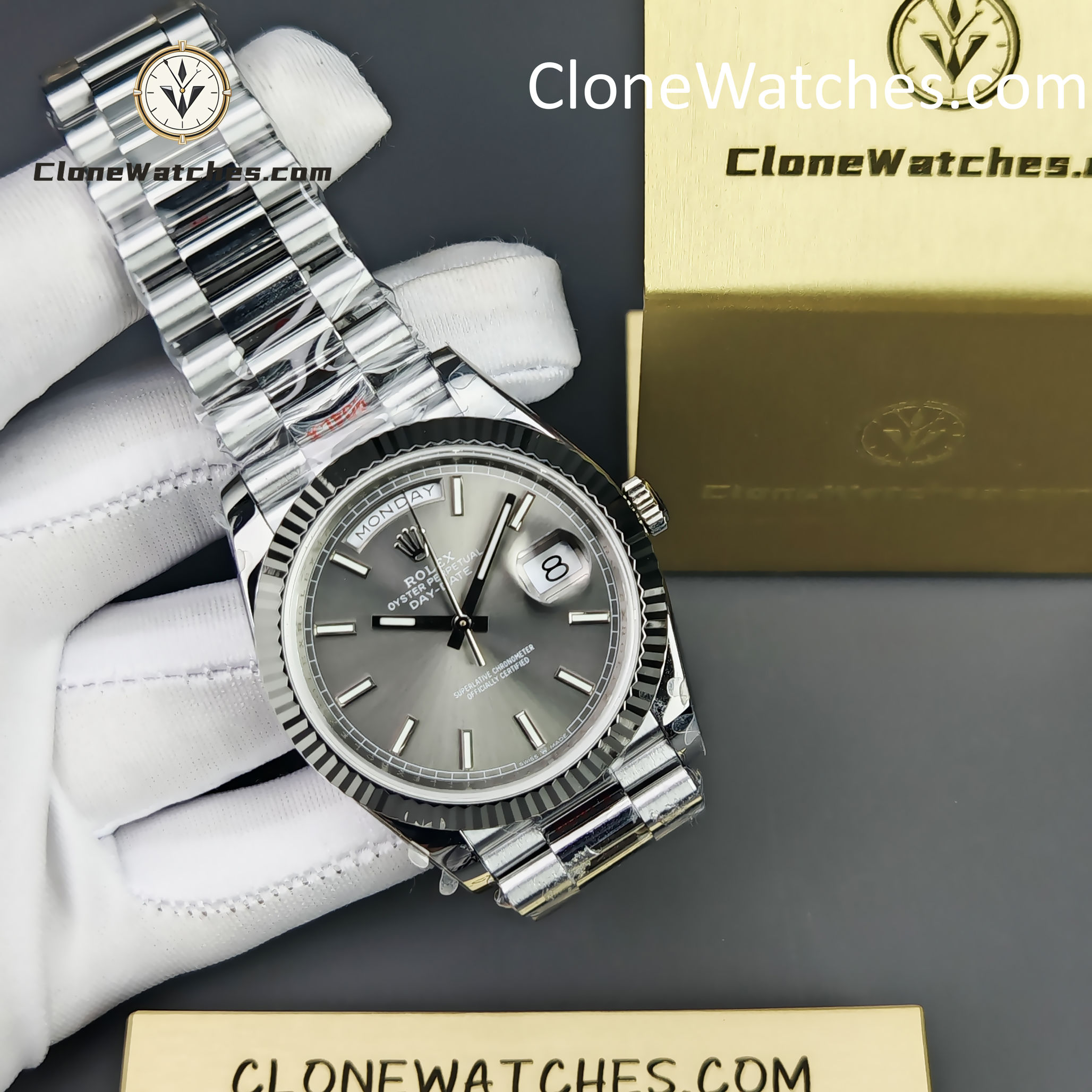 Rolex Super Clone Watches 1:1 Day Date Grey Dial 40mm m228239-0060 Presidential Bracelet