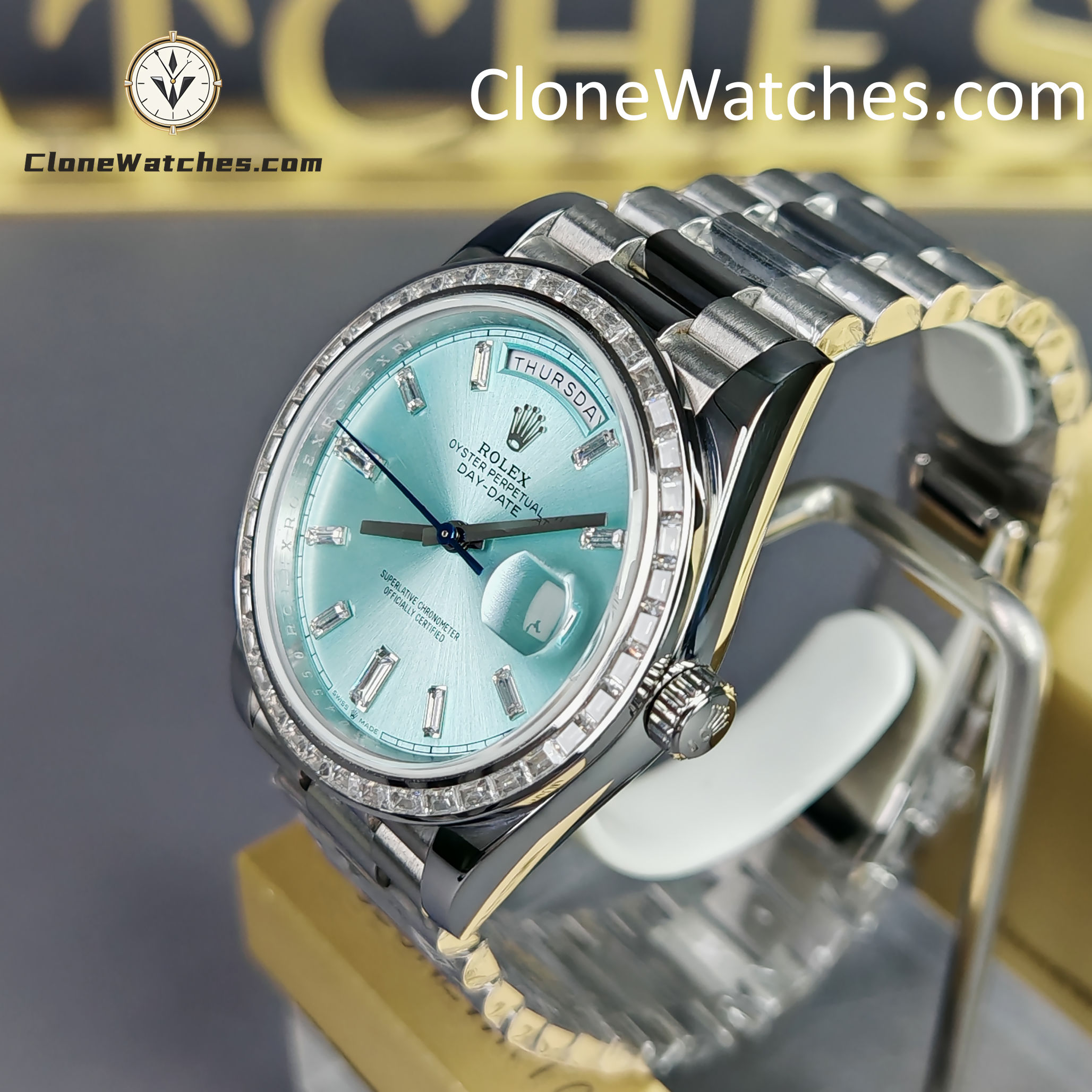 Rolex Super Clone Watches 1:1 Day Date Ice Blue Diamond Bezel Dial 40mm 228396TBR 3255 Movement