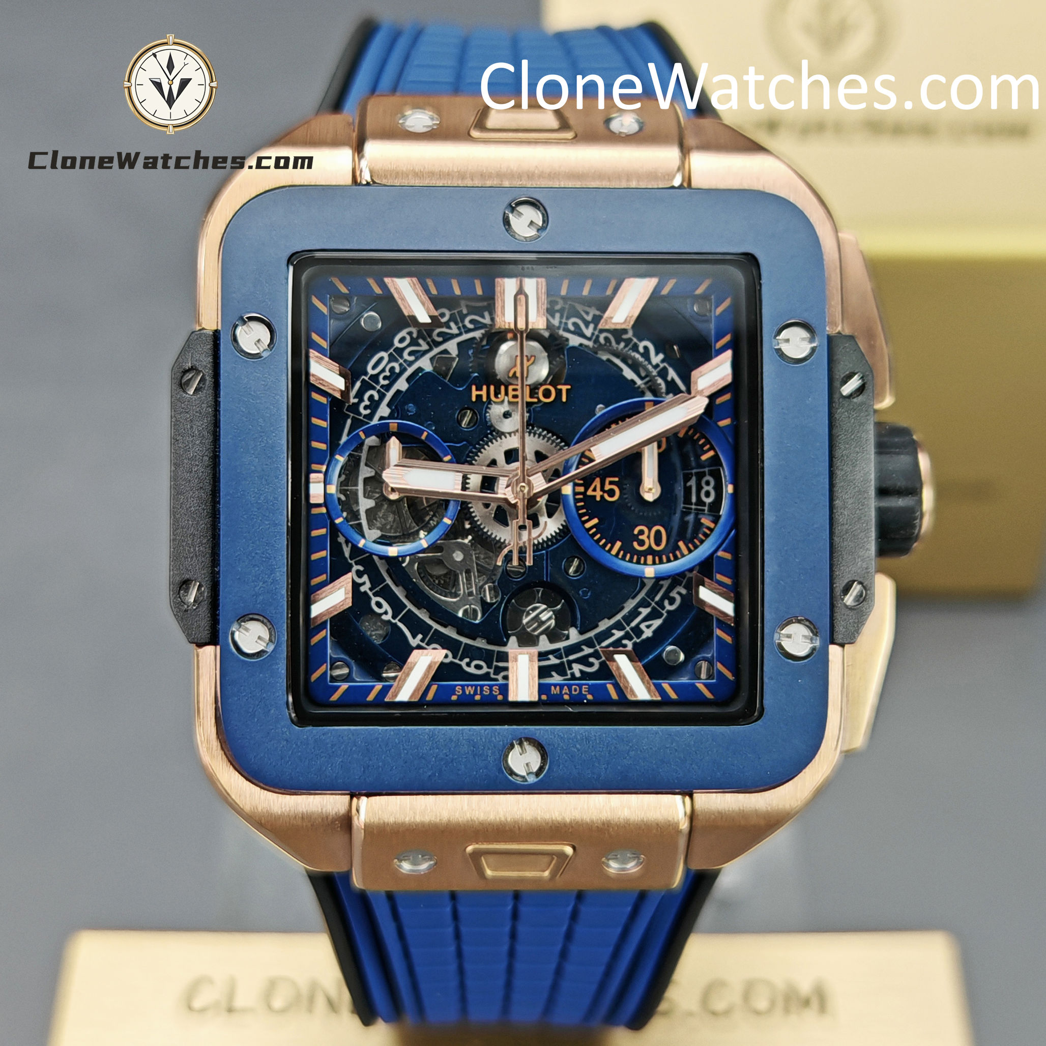 Hublot Super Clone Watches 1:1 Square Bang Unico King Gold Blue Ceramic 42MM 821.OL.5180.RX