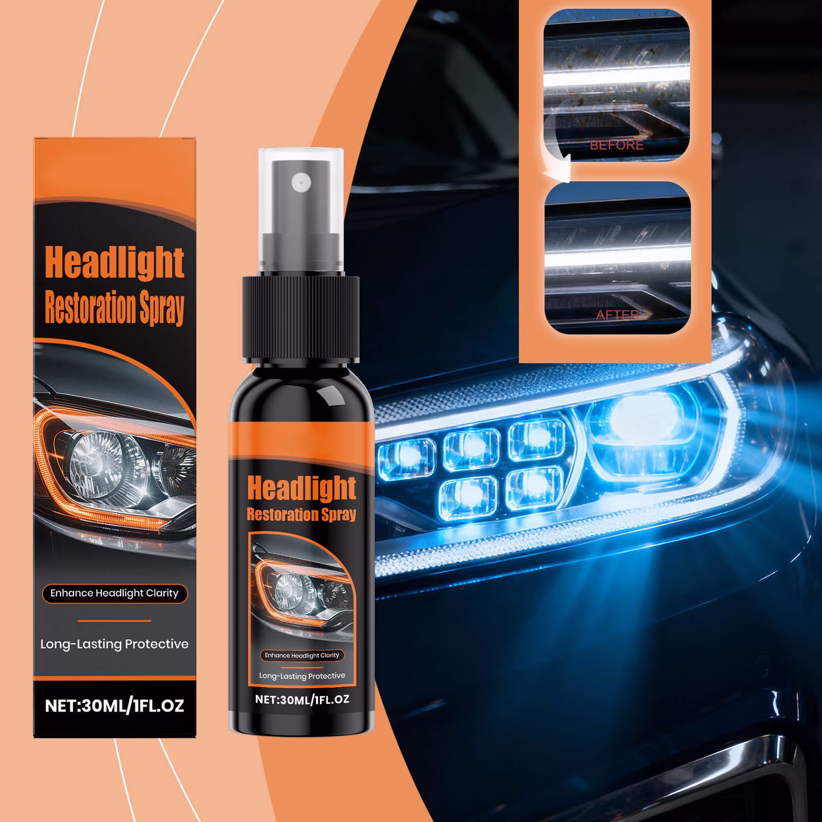 Car Headlight Restoration Spray 30ml Lens Cleaner Oxidation Remover Yellowing ha*ze Repair Fluid Headlamp Brightness Enhancer UV Protection Coating Auto Lighting Maintenance Visibility Safety Kit