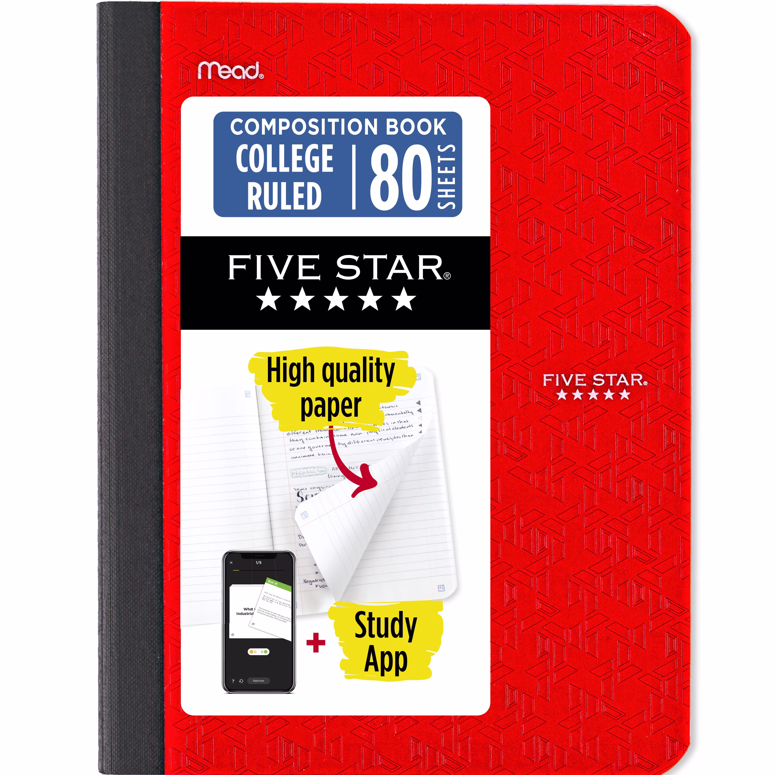 Five Star Composition Book Plus Study App, College Ruled, 80 Sheets, Poly, 7.5