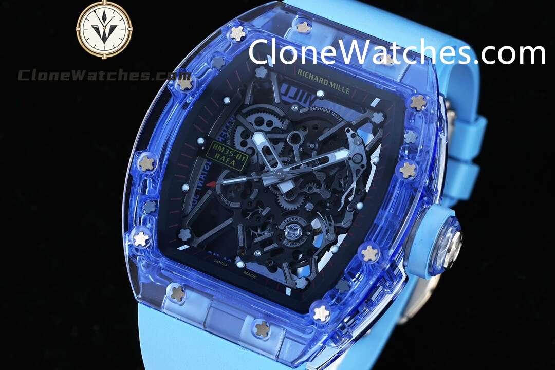 Richard Mille Super Clone Watches 1:1 RM 035 Blue Crystal Tourbillon Blue Strap