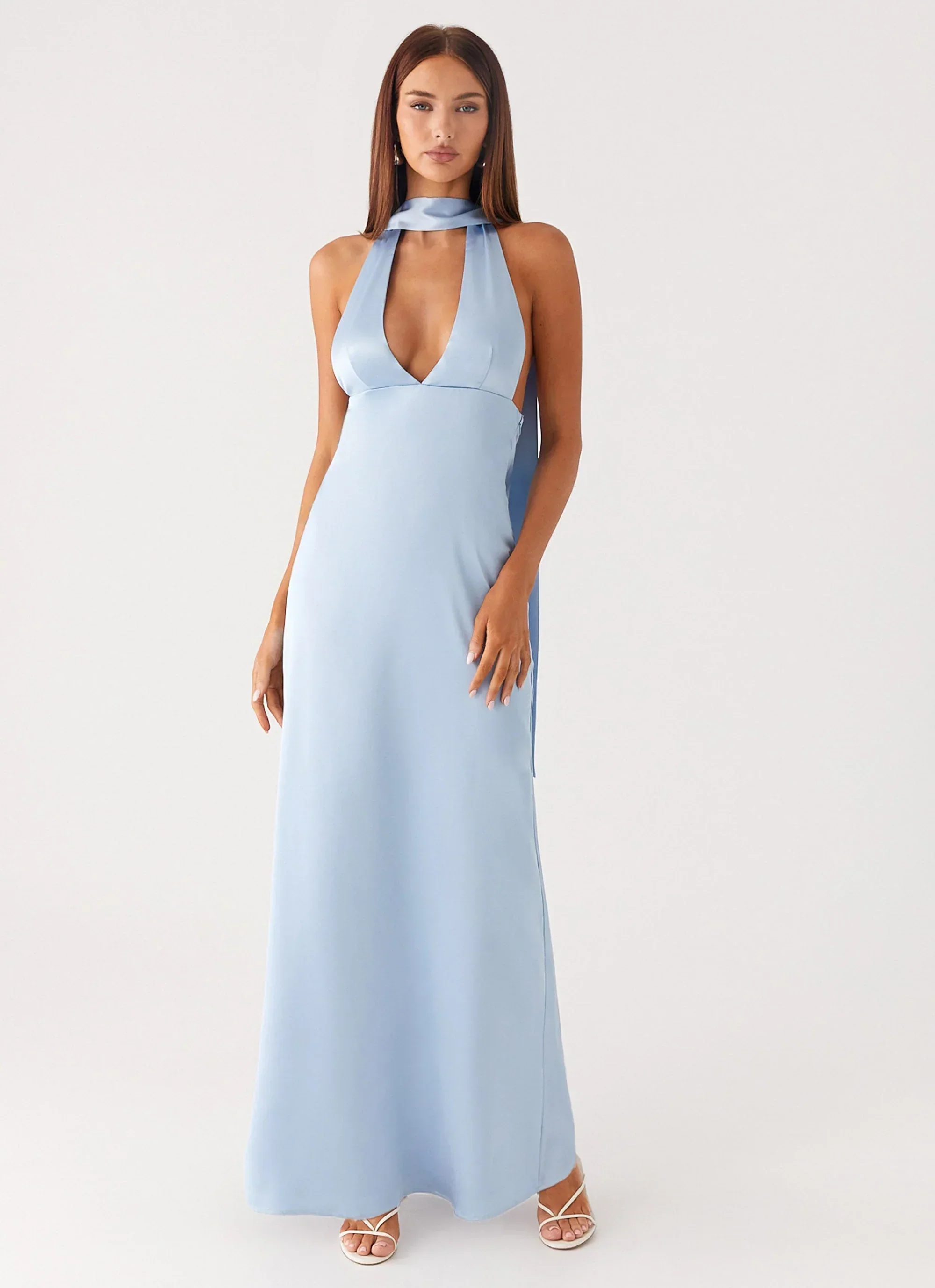 Alicia Satin Halter Maxi Dress - Baby Blue