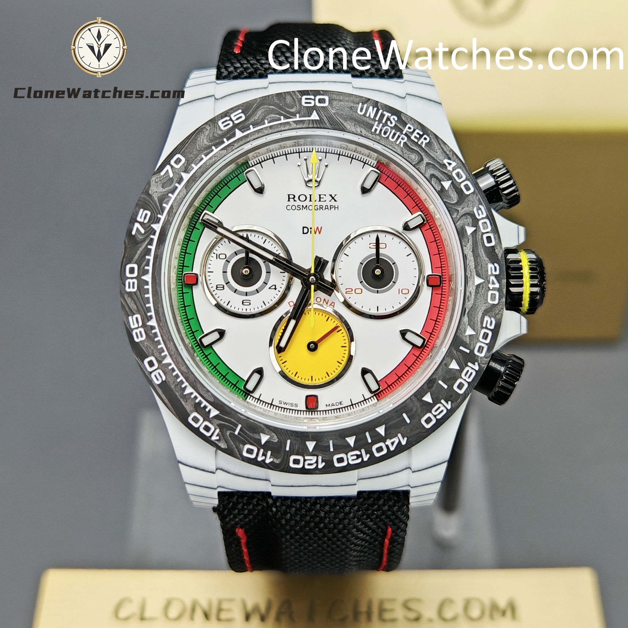 Modified Super Clone Watches 1:1 DiW Rolex Daytona CarboQuartz 4130 Movement Black Strap