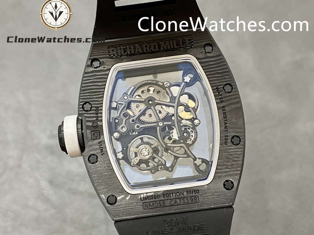 Richard Mille Super Clone Watches 1:1 RM 055 White Inner Bezel Carbon Tourbillon Black Strap