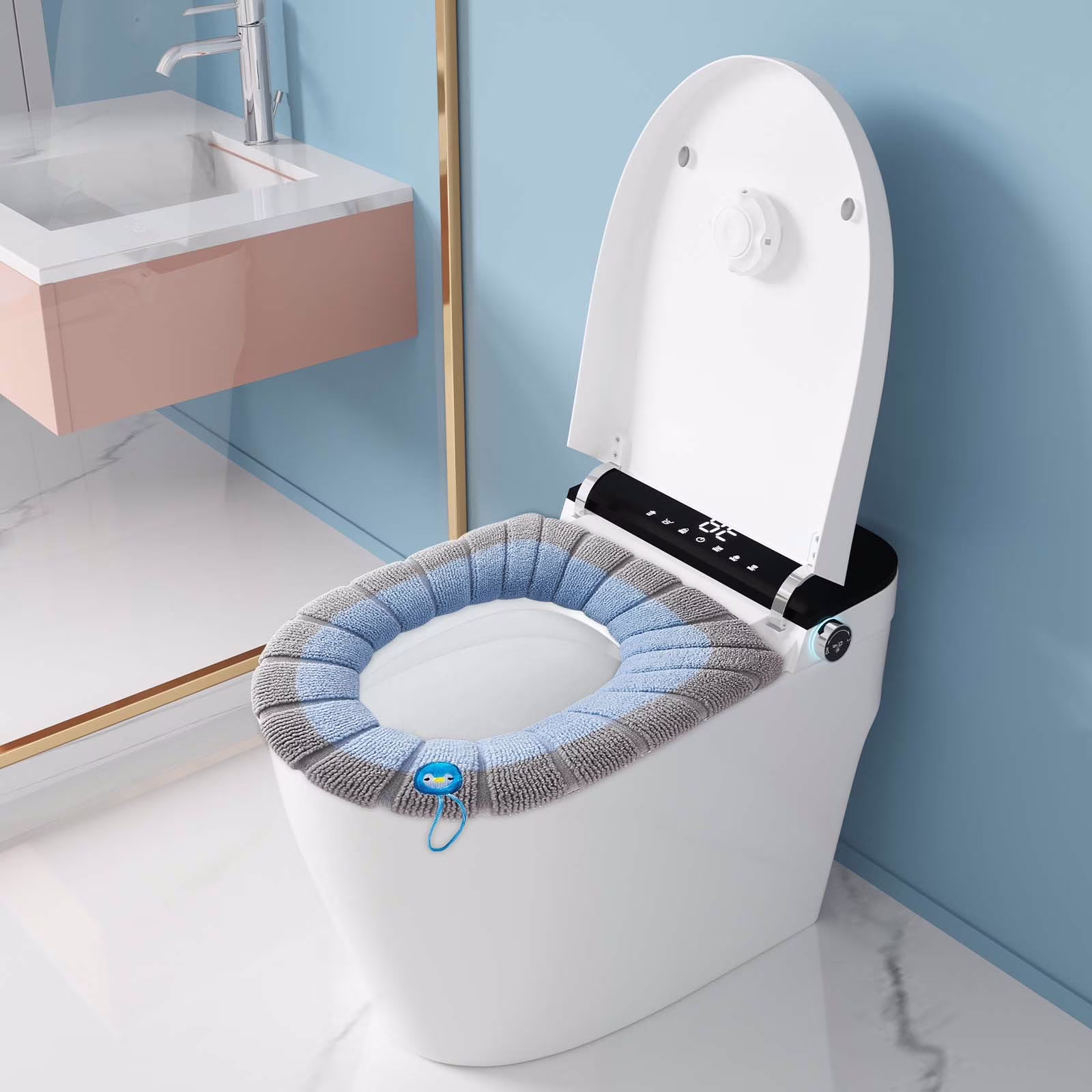 Thickened Toilet Seat Cover with Handle - Soft Knitted Toilet Ring - Washable Winter Toilet Seat Sets - Elongated Toilet Seat Pad - U-Shape & Round Fit - 2 Pack Two-Tone