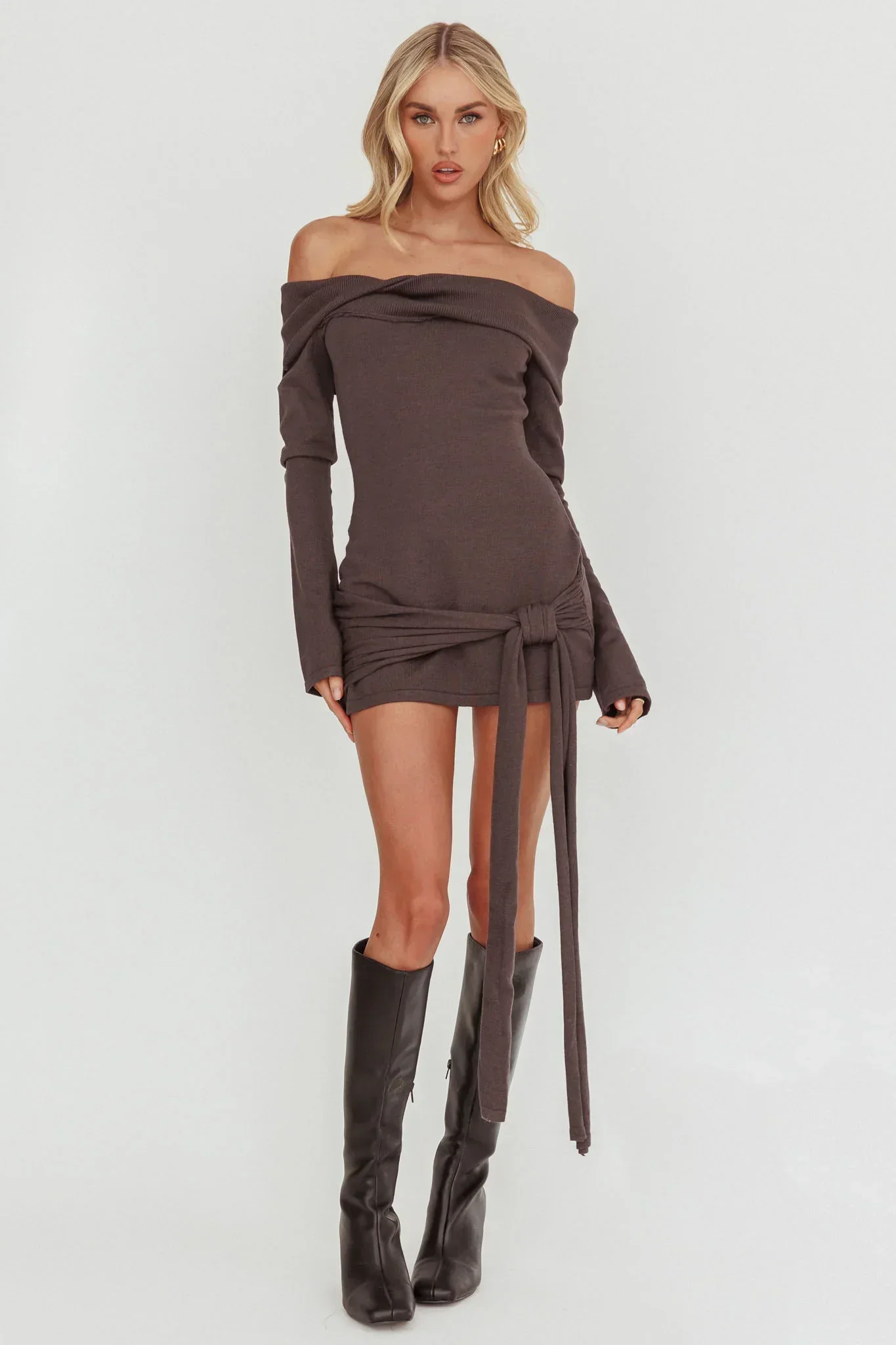 Sofina Off-Shoulder Hip Tie Mini Dress Grey