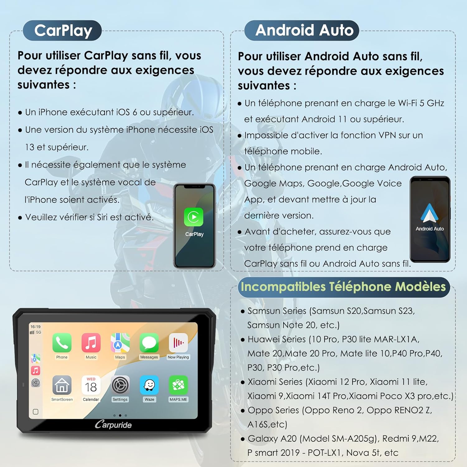 Écran moto CarPlay Android Auto 7 pouces étanche double Bluetooth