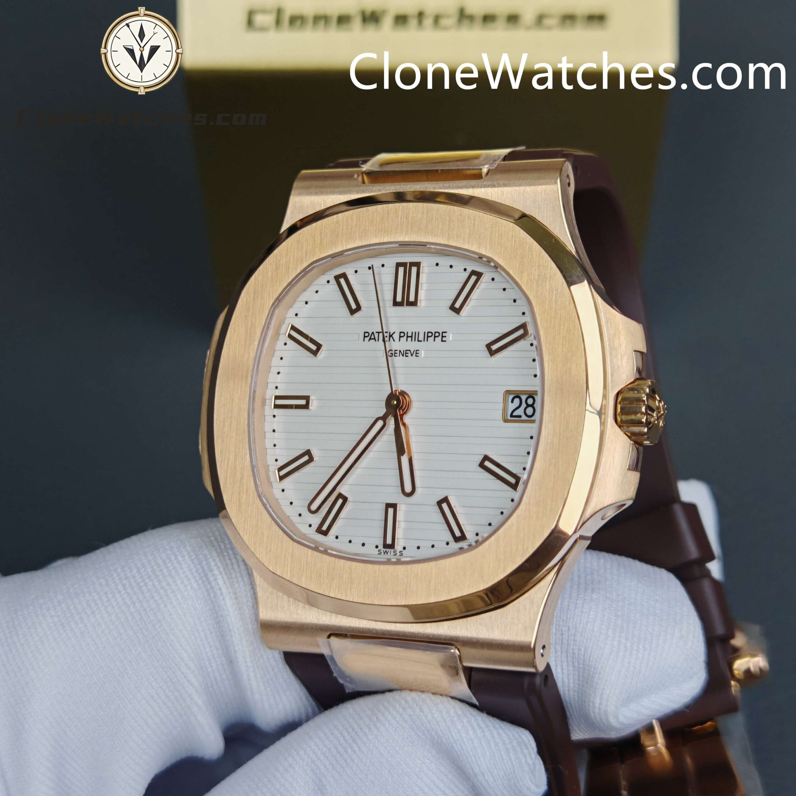 Patek Philippe Super Clone Watches 1:1 Nautilus 5711/1R White Dial Brown Rubber Strap