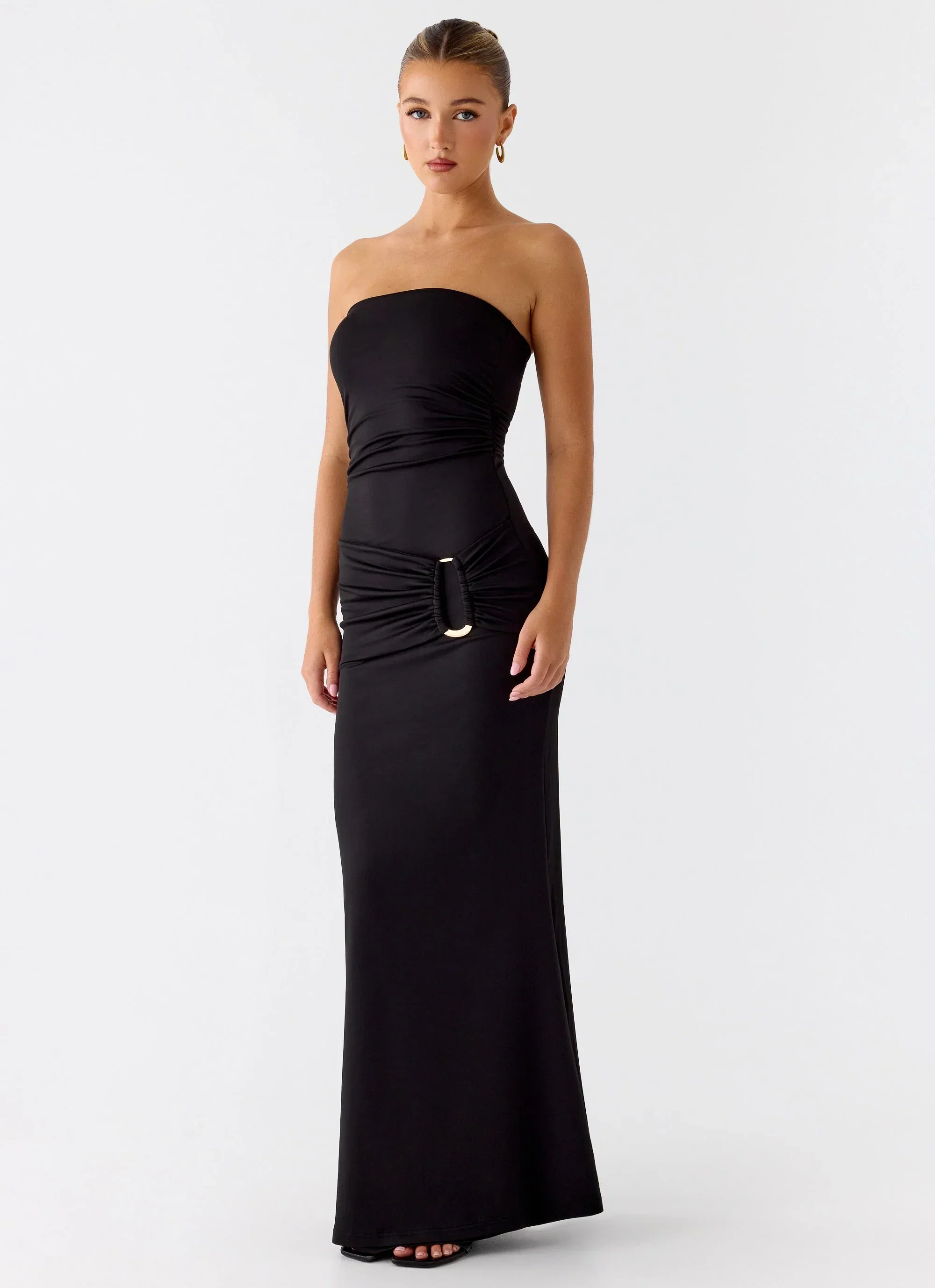 Metal Heart Strapless Maxi Dress - Black