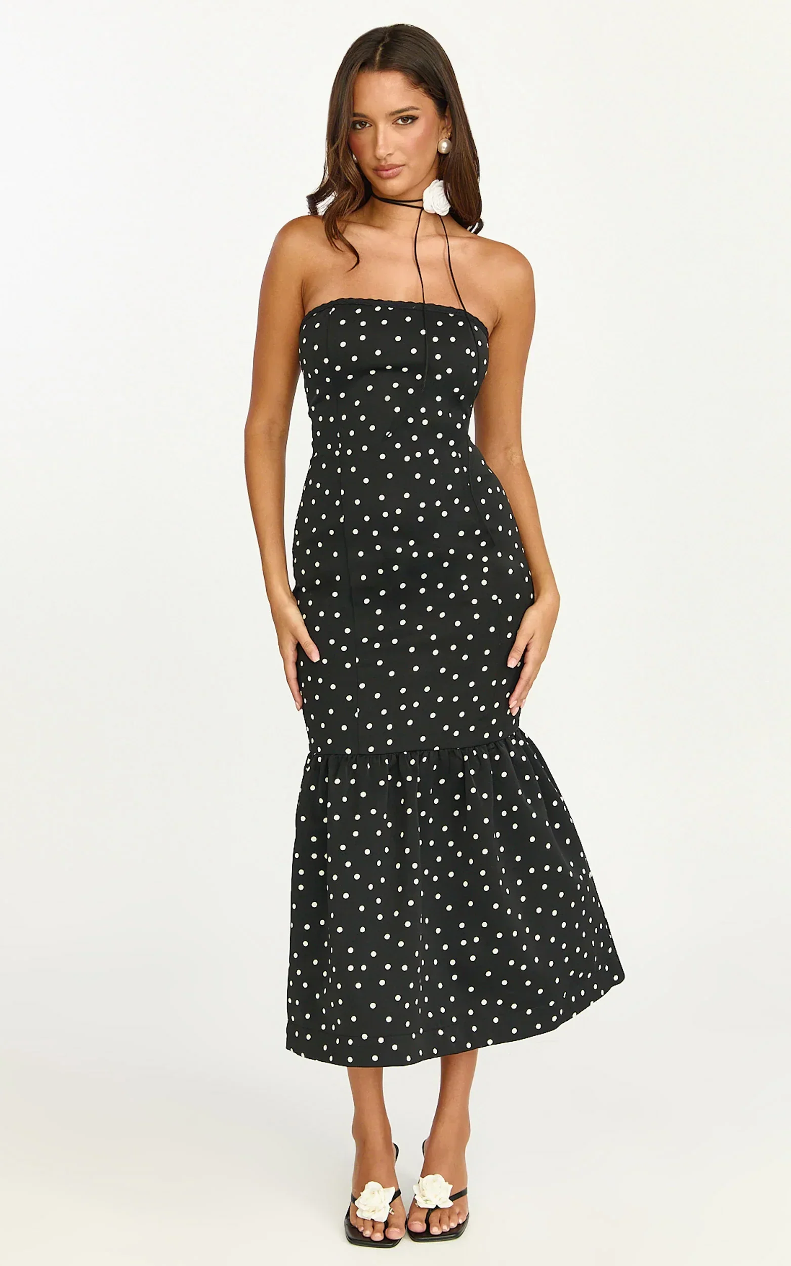 Seraphina Midi Dress - Polka Dot Strapless Lace Neck Gathered Mermaid Skirt Dress in Black Polka Dot
