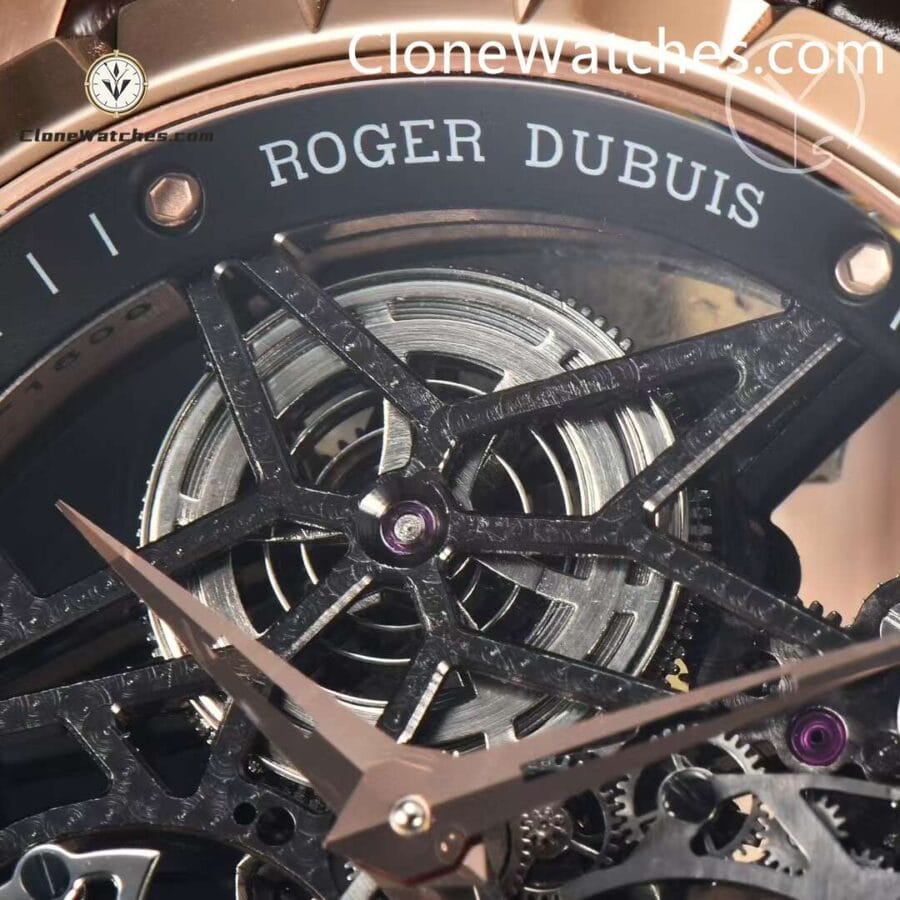 Roger Dubuis Super Clone Watches 1:1 Excalibur Rose Gold Skeleton Double Flying Tourbillon RDDBEX0395 45MM