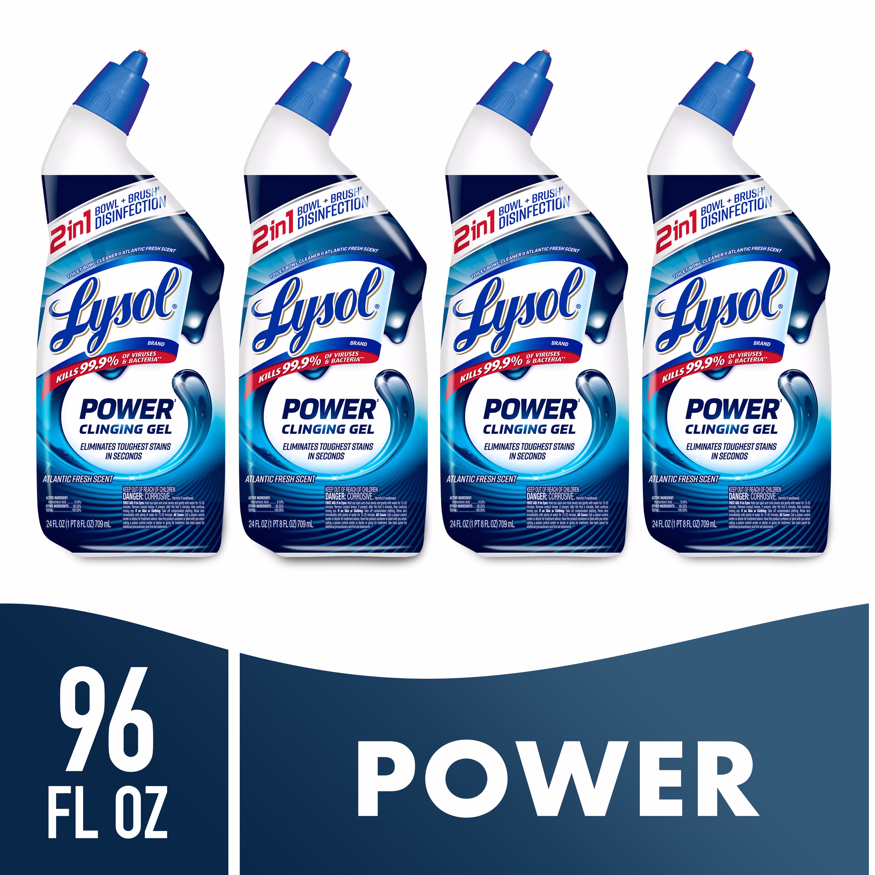 Lysol Toilet Bowl Cleaner Clinging Gel, Power, Disinfecting Bathroom Cleaner and Toilet Bowl Stain Remover, 24 oz (4 Pack)