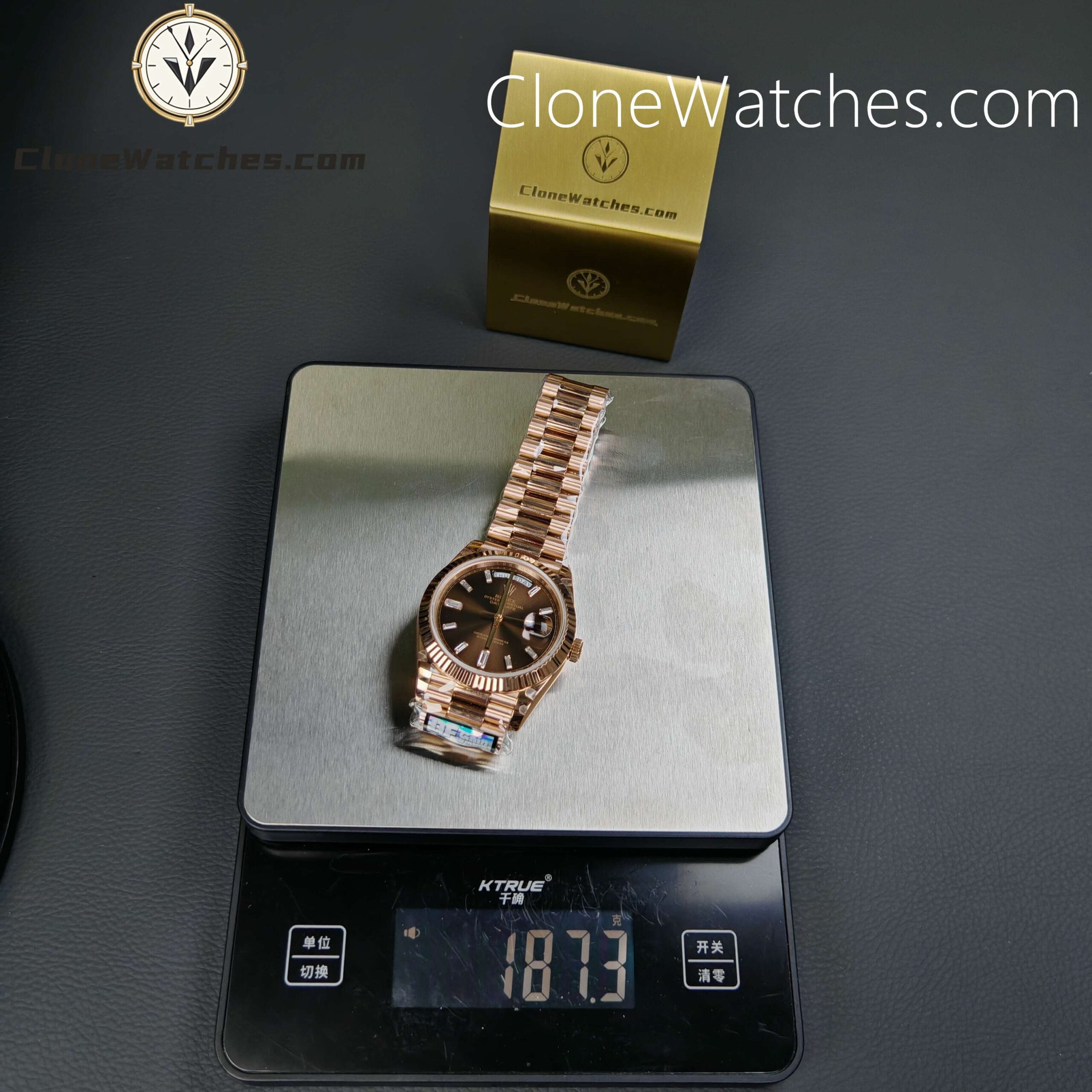 Rolex Super Clone Watches 1:1 Day Date 18K Rose Gold Diamond Chocolate Dial 40mm m228235 3255 Movement