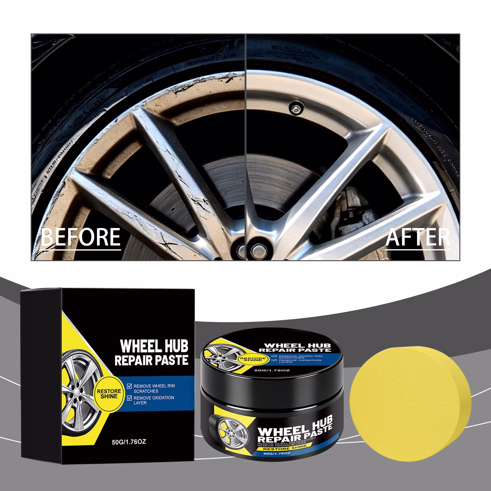 Car Wheel Scratch Repair Paste, Wheel Hub Polish Paste, Alloy Wheel - Removes Scratches & Restores for Alloy Wheels, Tire Rims 1.76OZ
